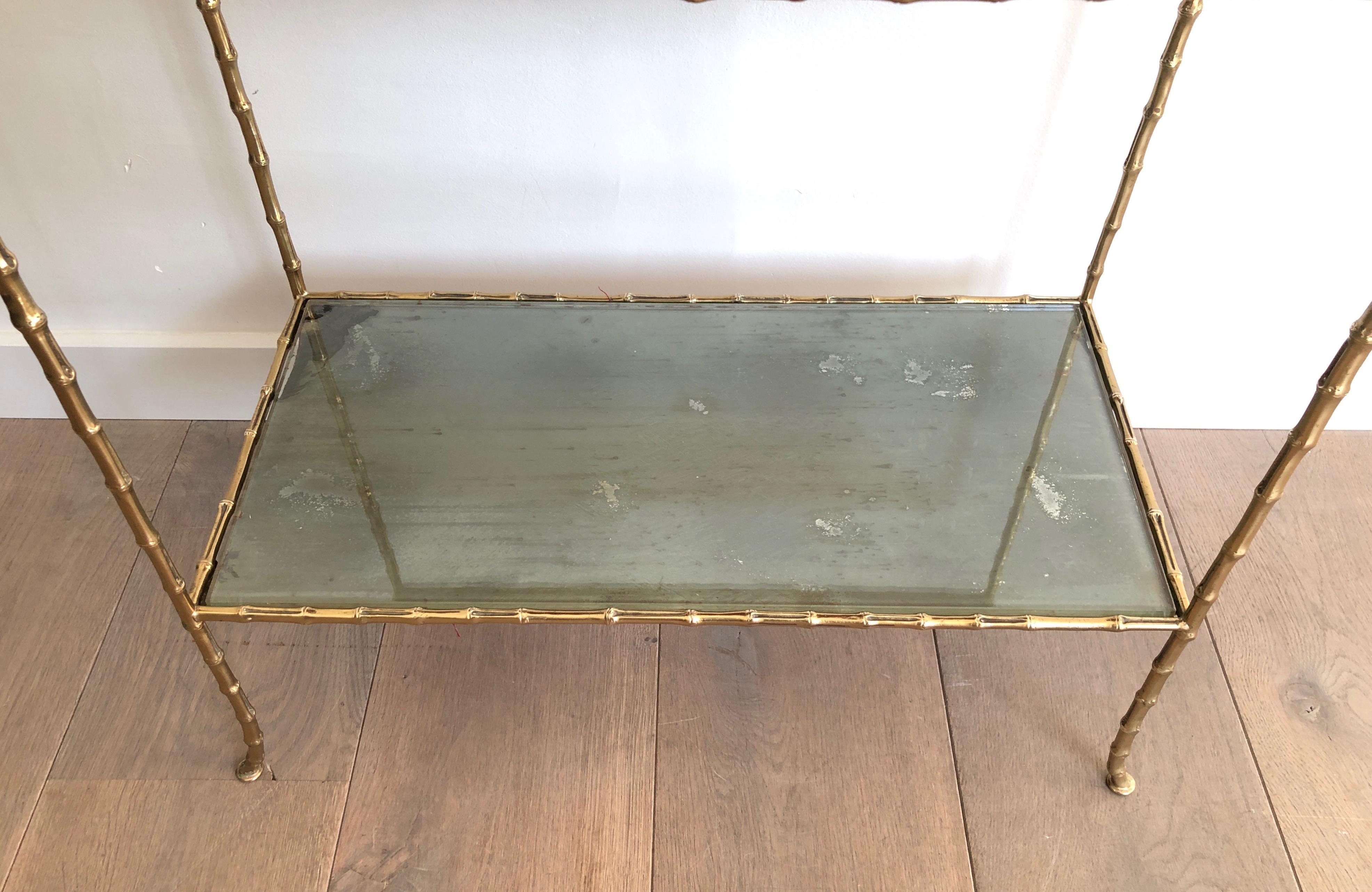 Maison Baguès Faux-Bamboo Bronze Side Table with Eglomized Glass Shelves For Sale 8