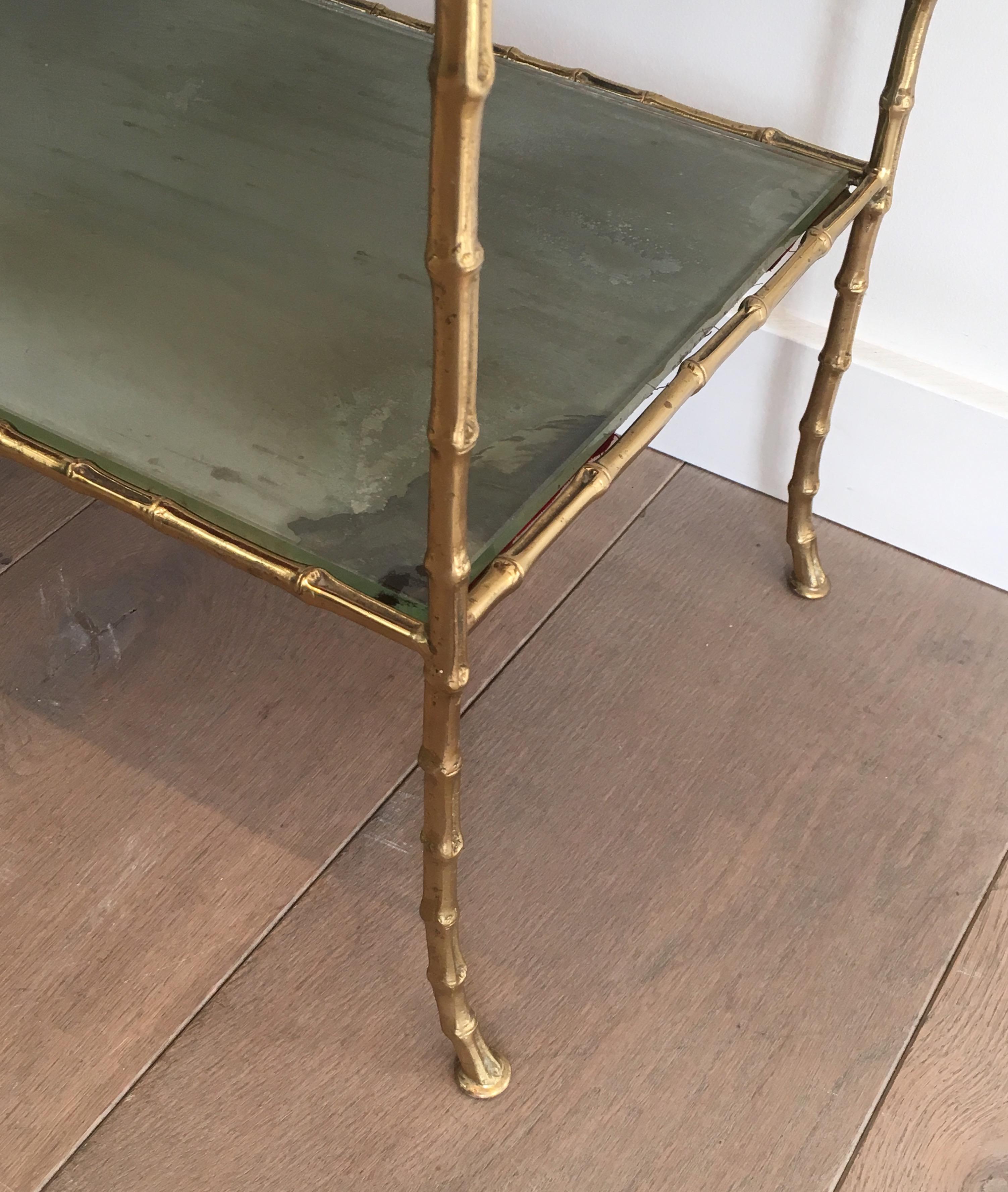 Maison Baguès Faux-Bamboo Bronze Side Table with Eglomized Glass Shelves For Sale 9