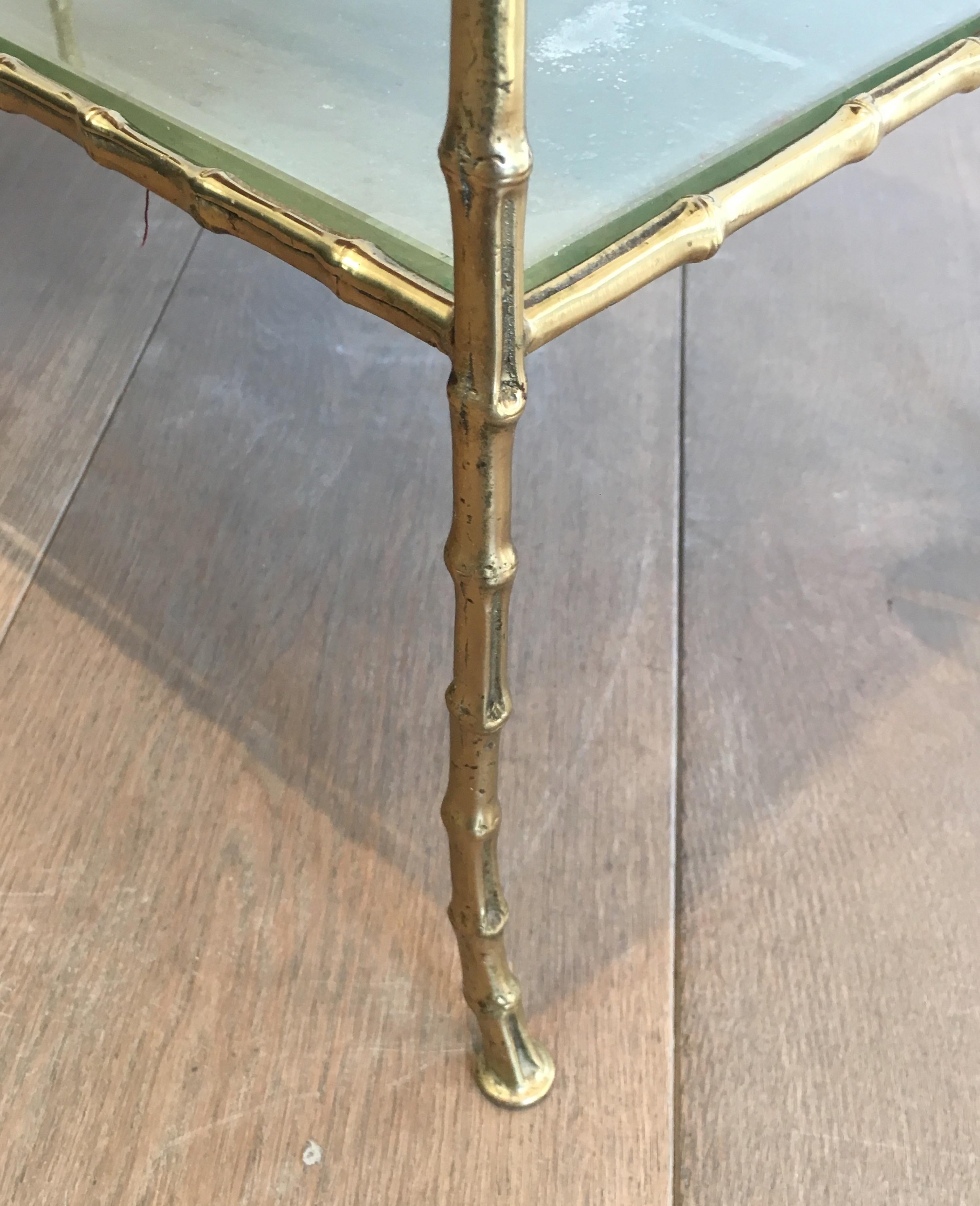 Maison Baguès Faux-Bamboo Bronze Side Table with Eglomized Glass Shelves For Sale 10