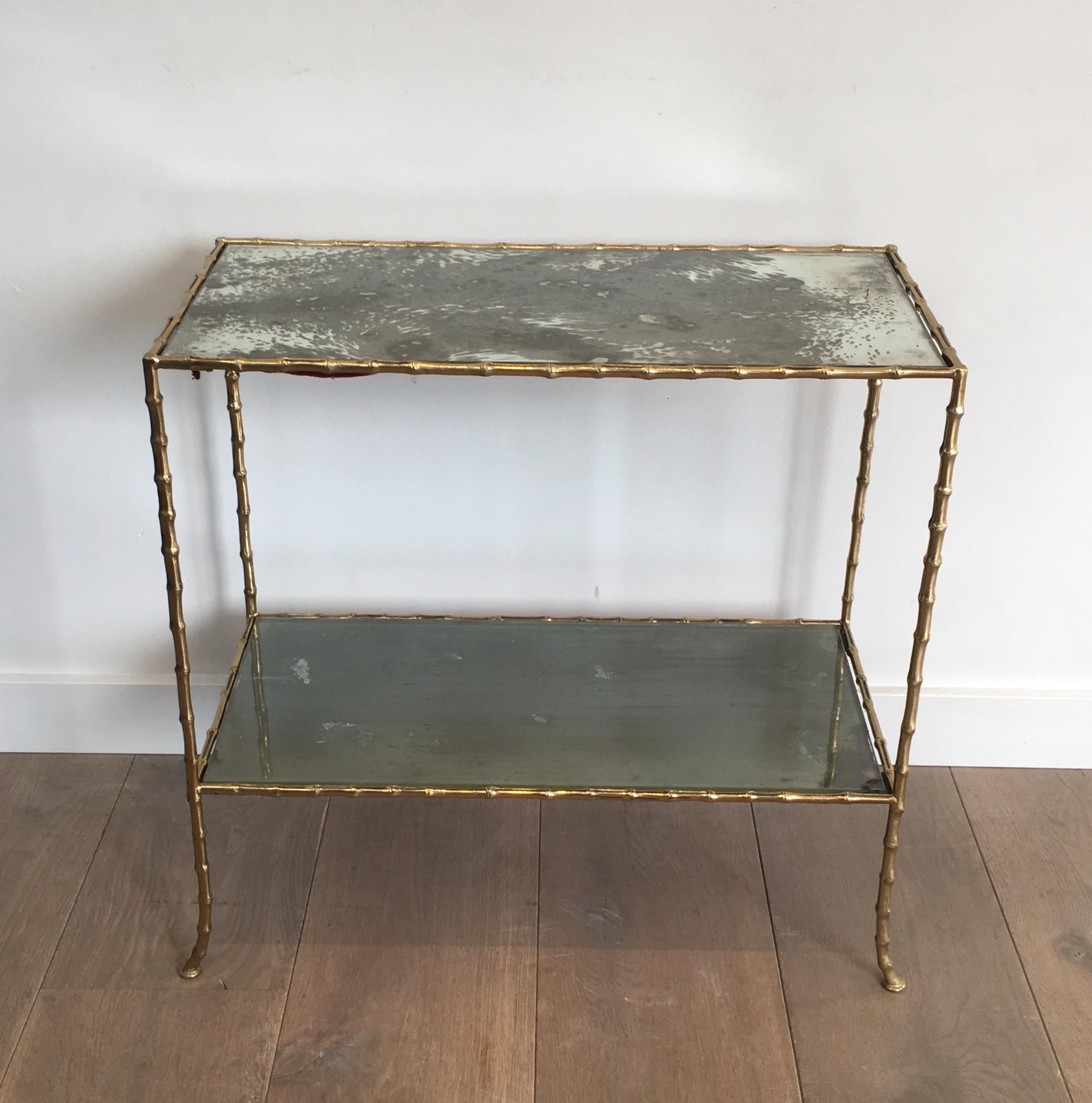 Maison Baguès Faux-Bamboo Bronze Side Table with Eglomized Glass Shelves For Sale 11