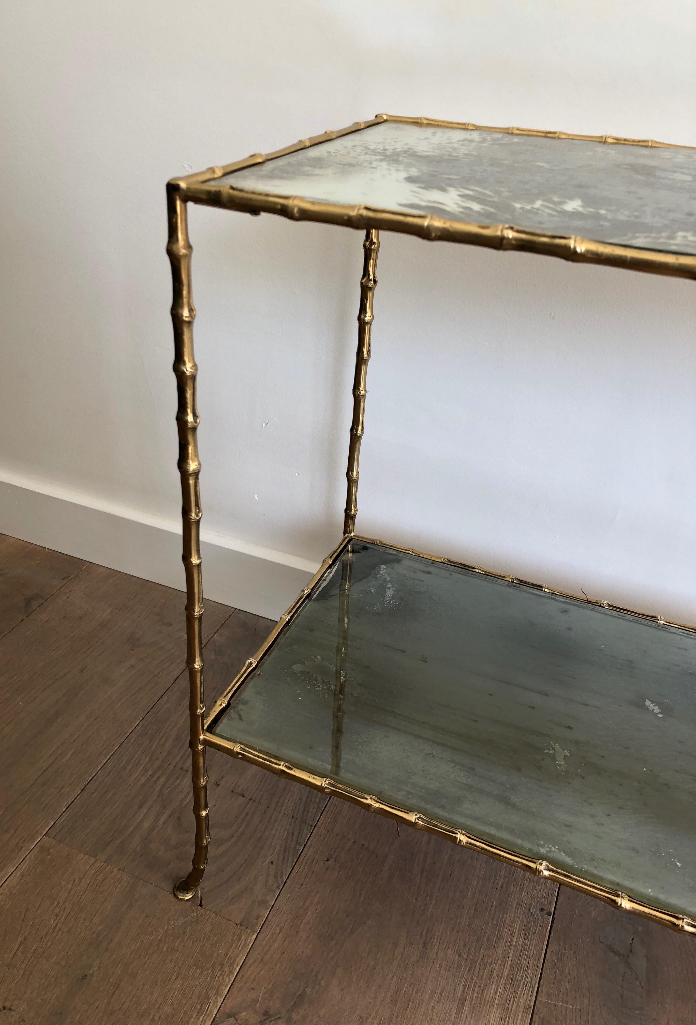 Neoclassical Maison Baguès Faux-Bamboo Bronze Side Table with Eglomized Glass Shelves For Sale