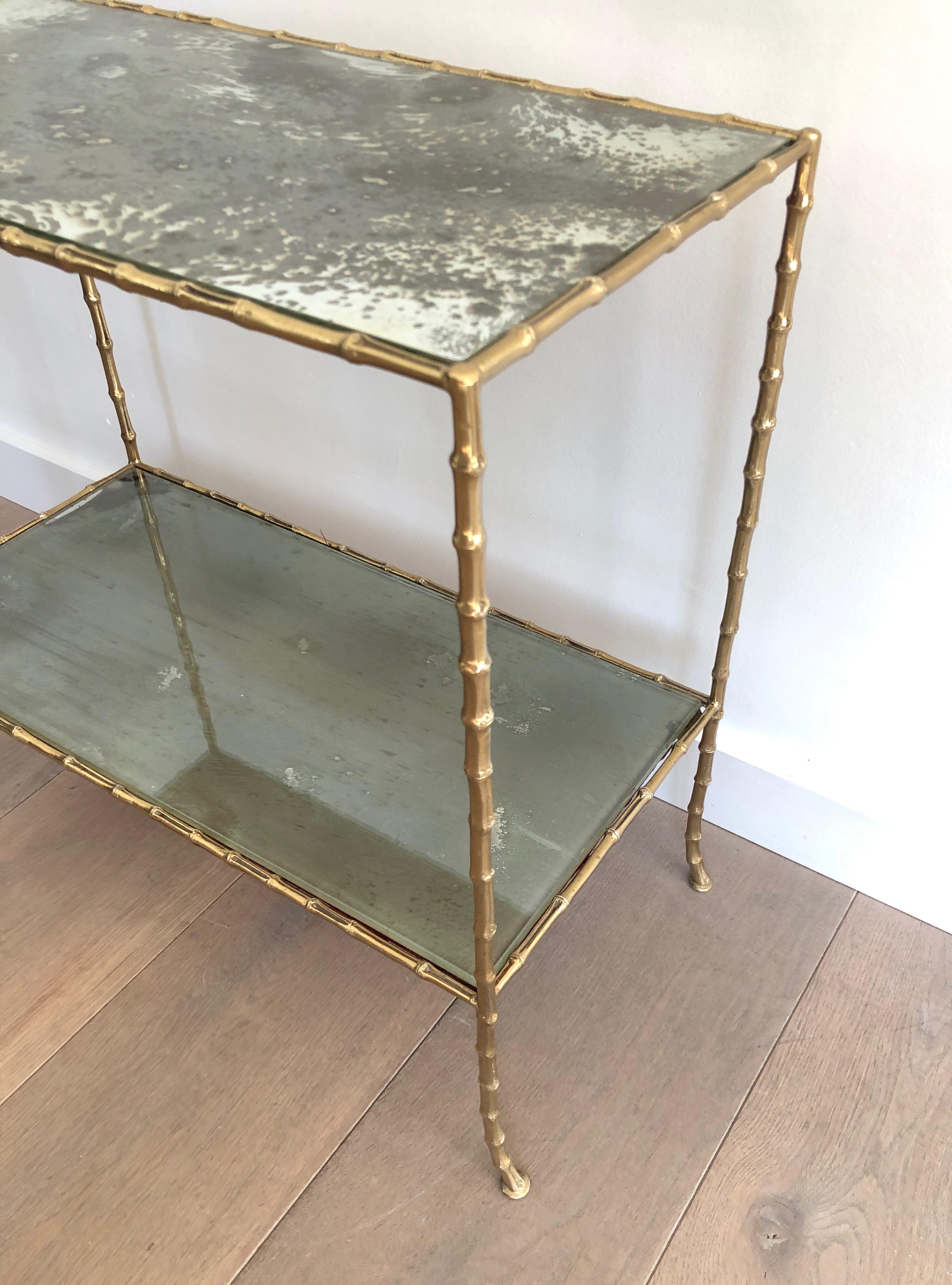 Maison Baguès Faux-Bamboo Bronze Side Table with Eglomized Glass Shelves For Sale 1