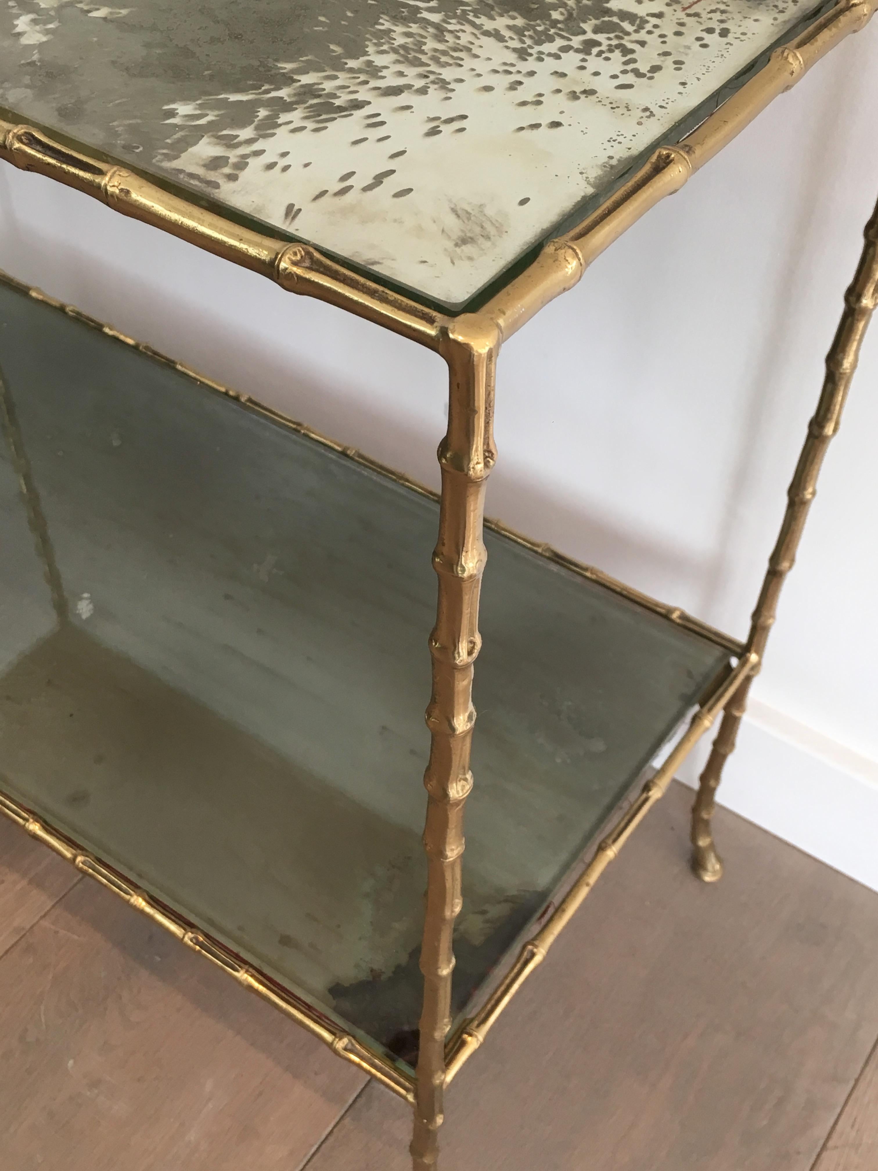 Maison Baguès Faux-Bamboo Bronze Side Table with Eglomized Glass Shelves For Sale 2