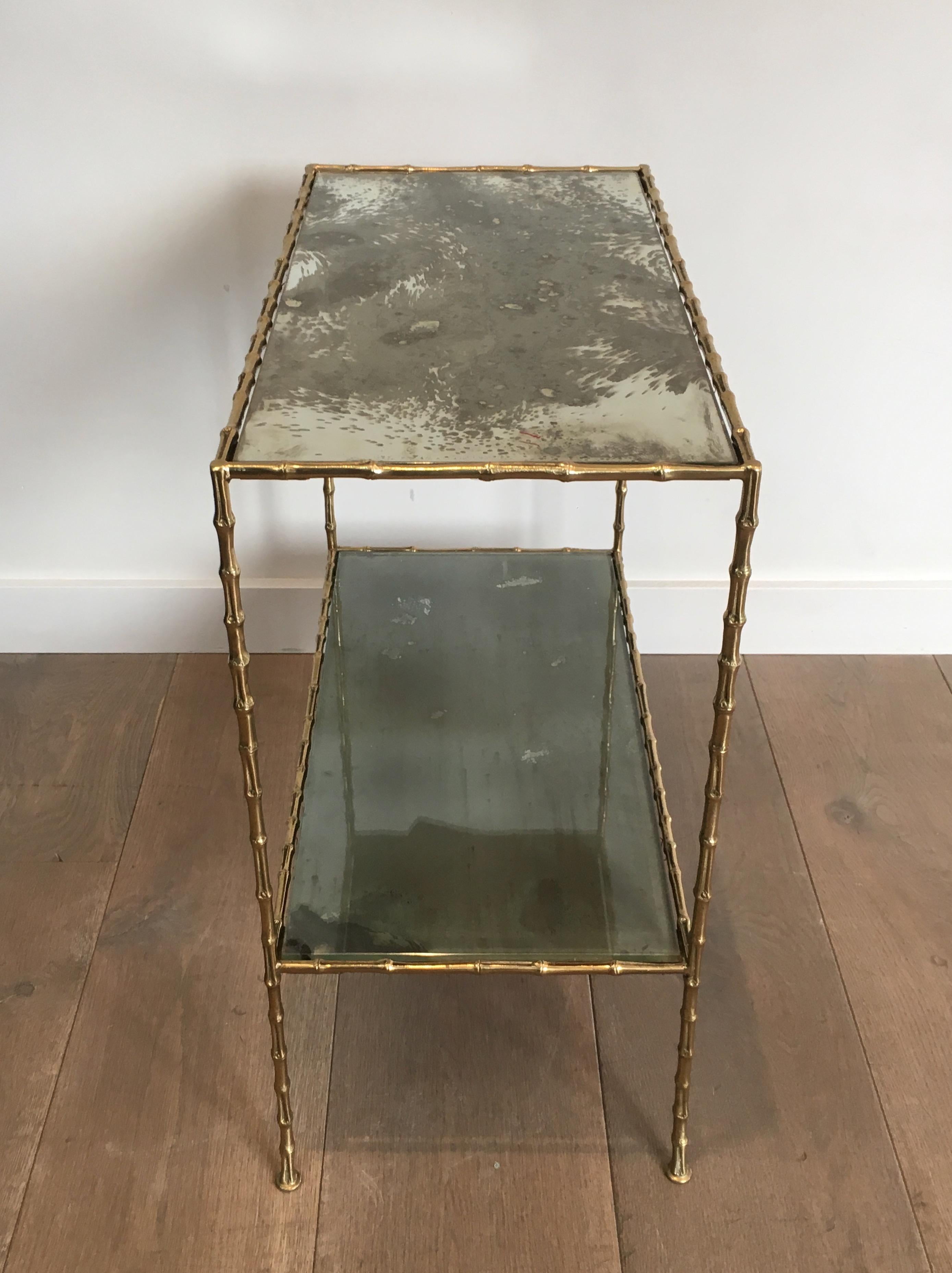 Maison Baguès Faux-Bamboo Bronze Side Table with Eglomized Glass Shelves For Sale 3