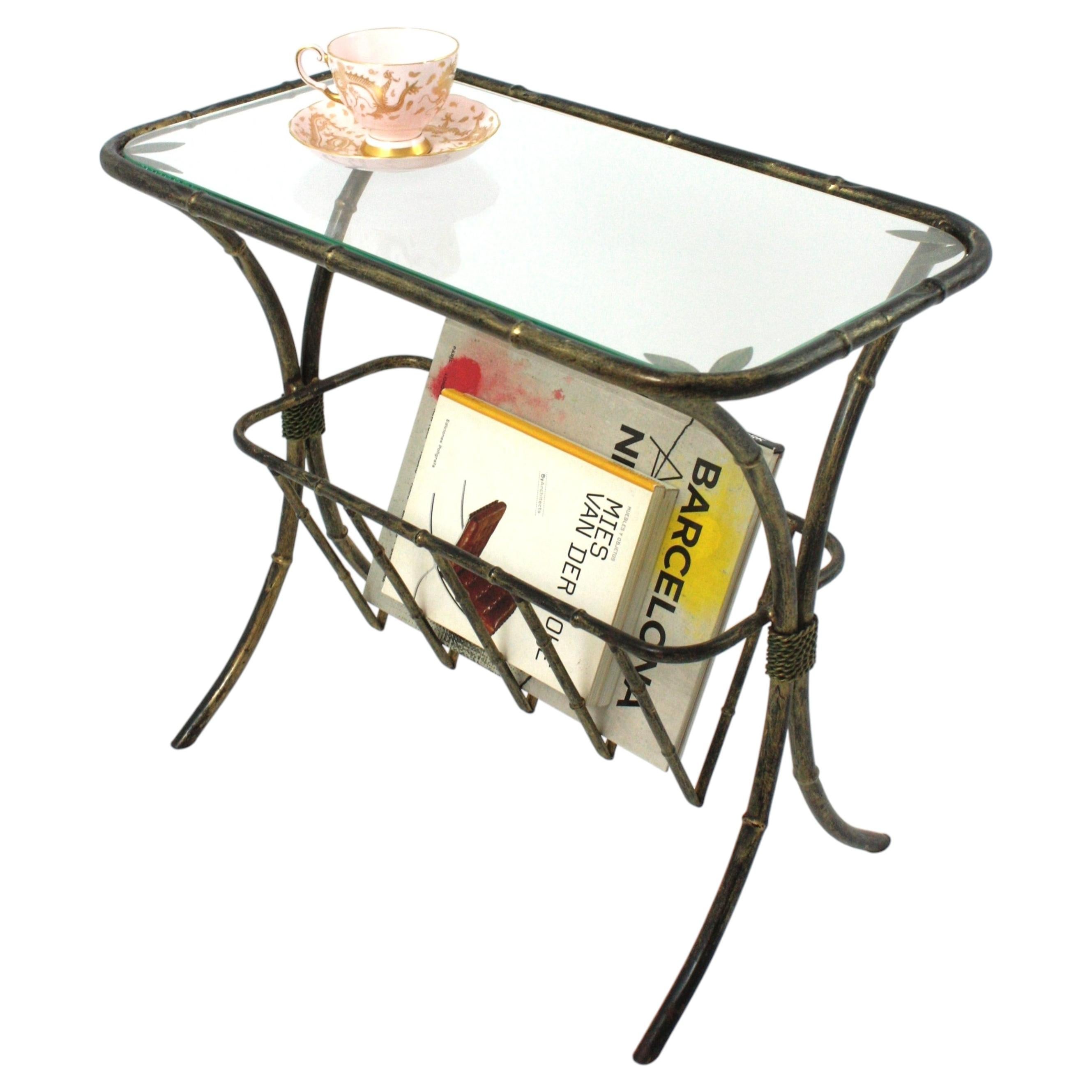 Maison Bagues Faux Bamboo Drinks Side Table in Gilt Iron with Magazine Rack For Sale