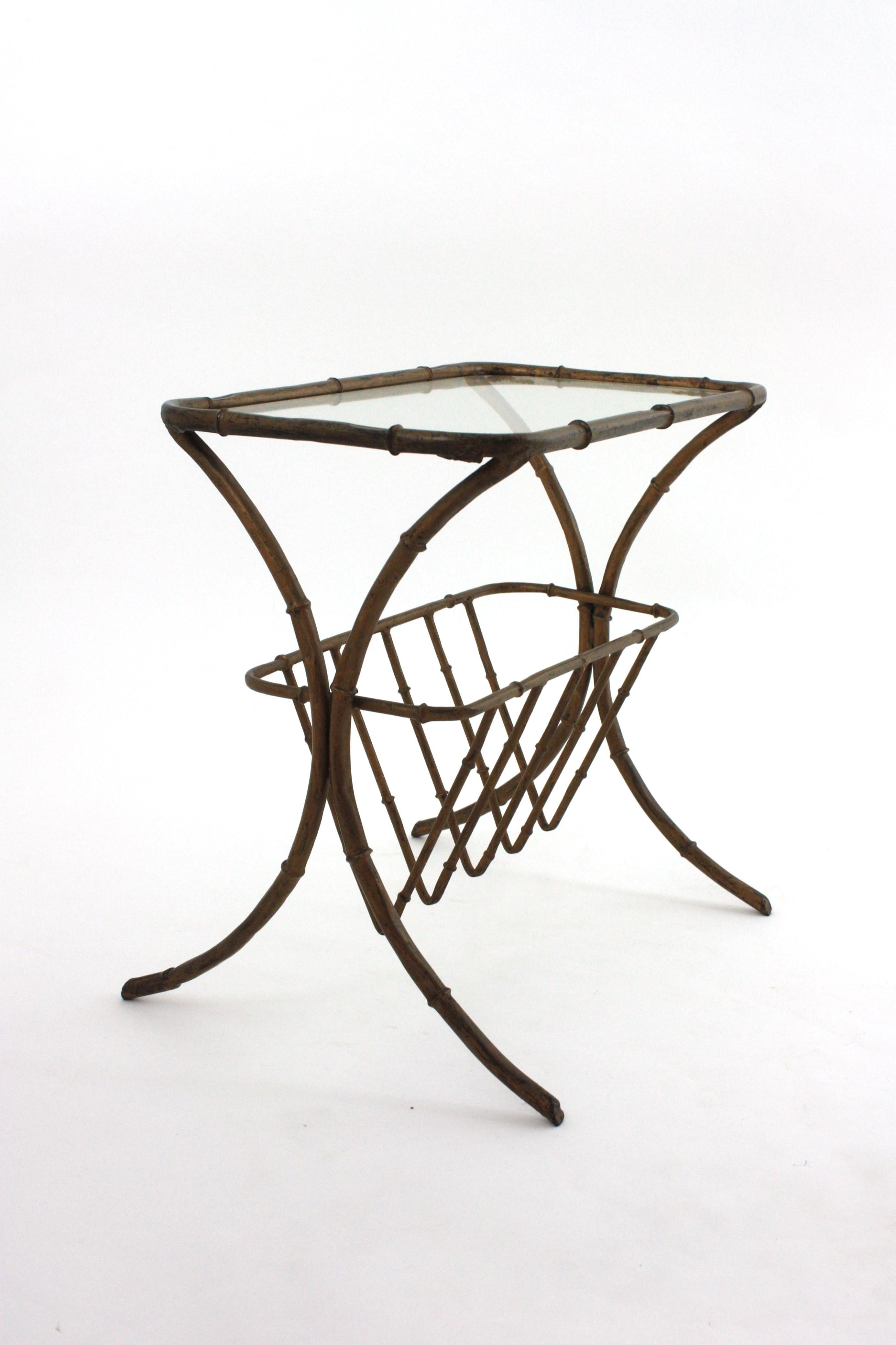 Maison Bagues Faux Bamboo Drinks Side Table with Magazine Rack in Gilt Iron For Sale 3