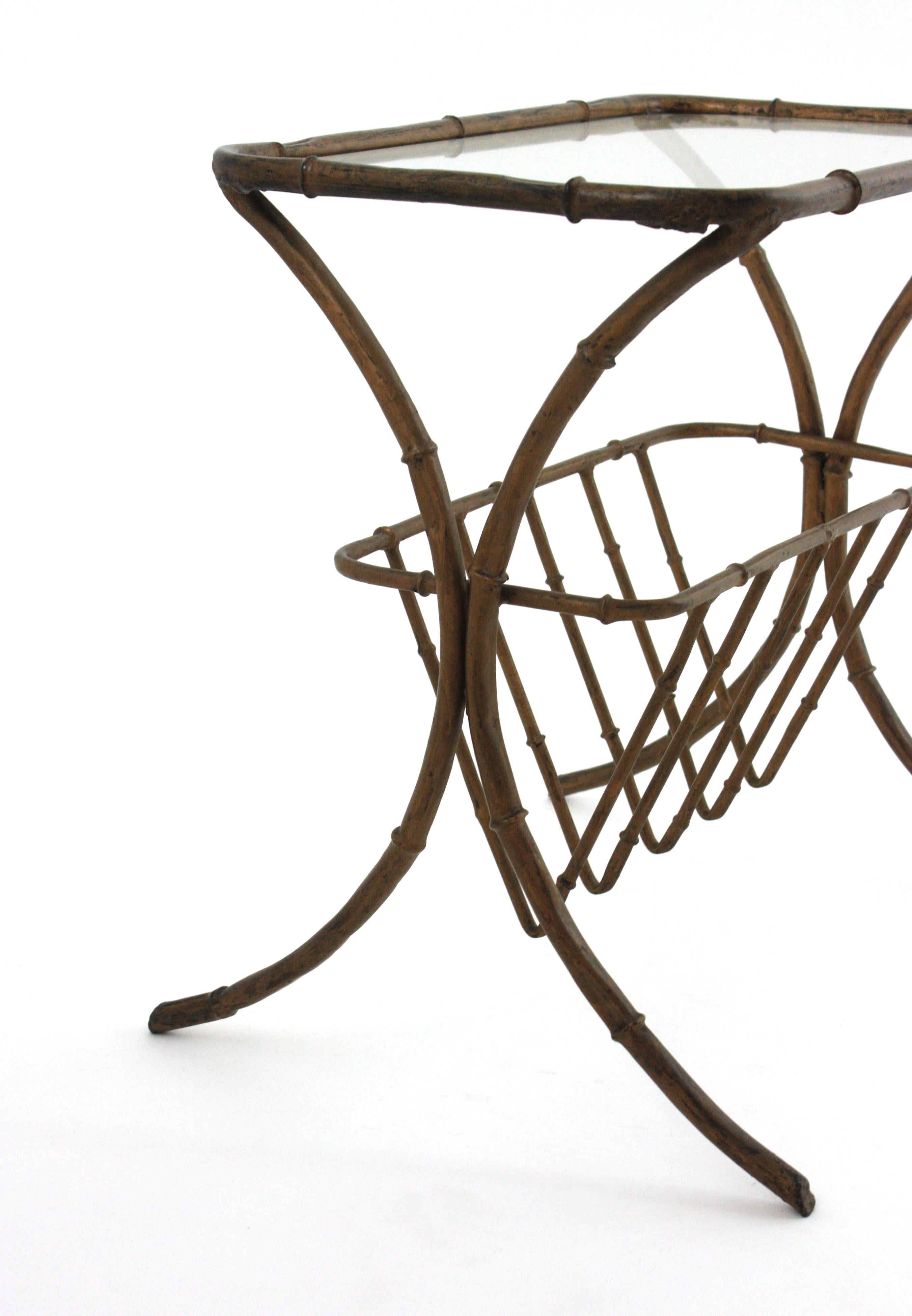 Maison Bagues Faux Bamboo Drinks Side Table with Magazine Rack in Gilt Iron For Sale 4