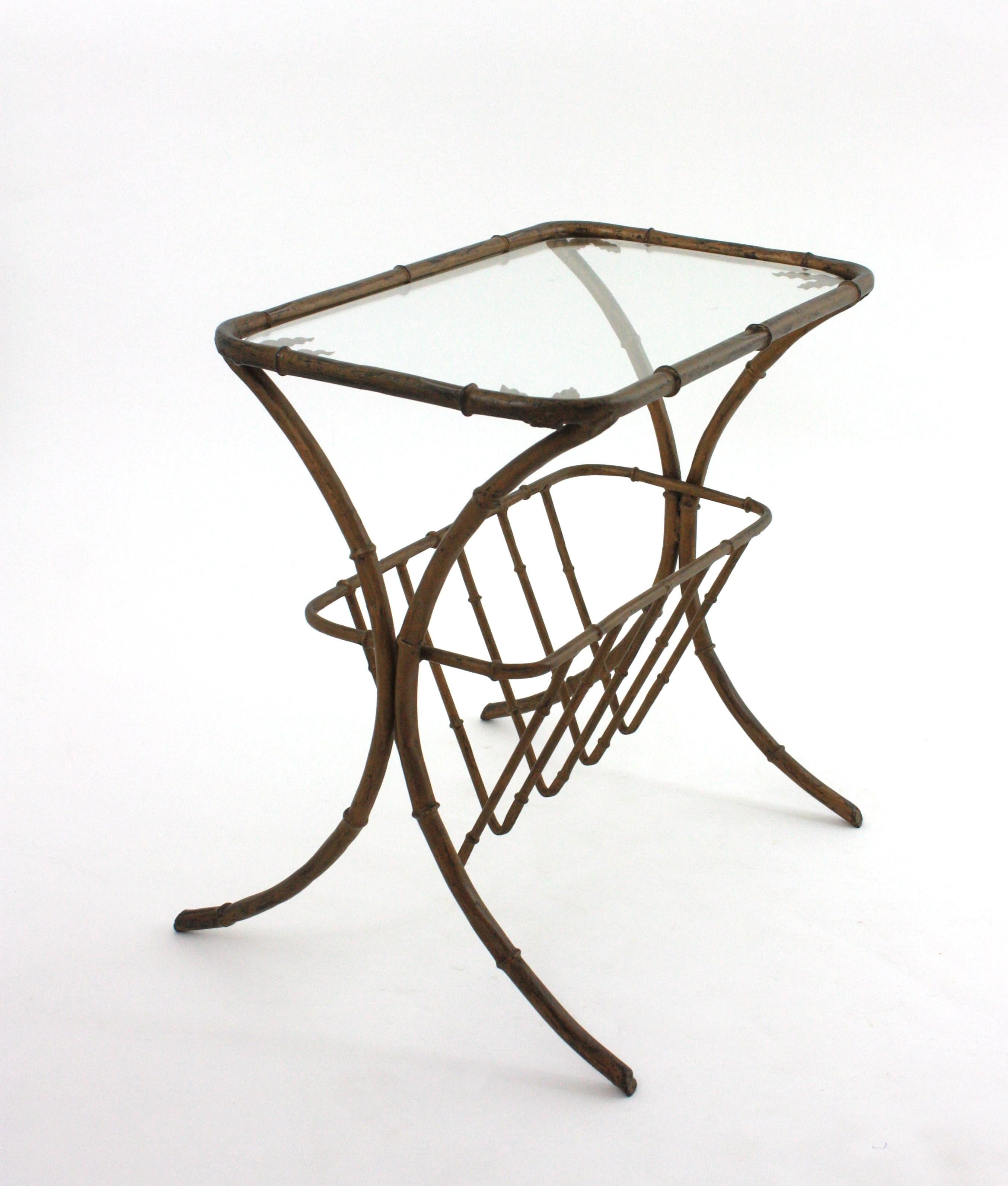 Maison Bagues Faux Bamboo Drinks Side Table with Magazine Rack in Gilt Iron For Sale 5