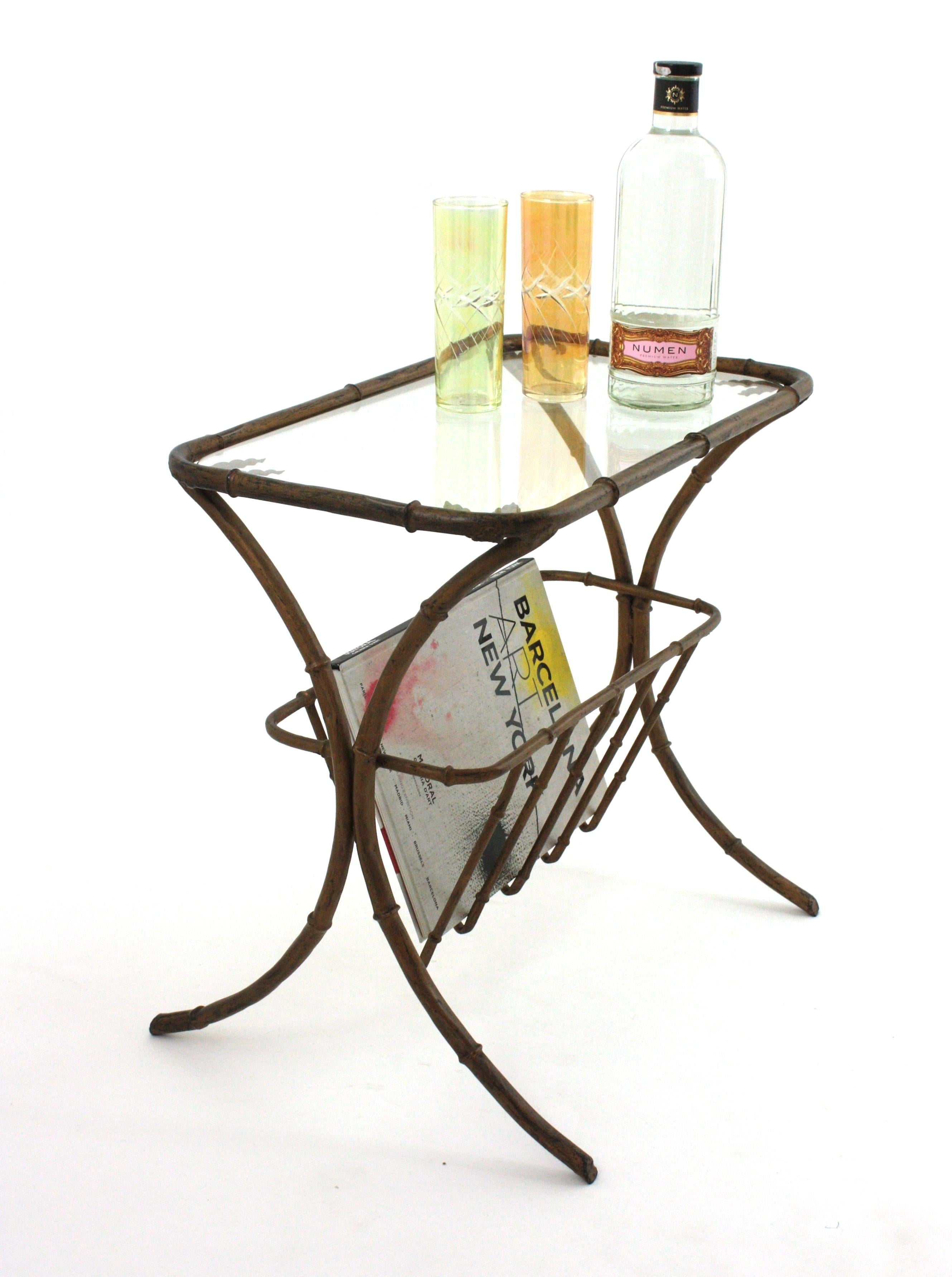 Maison Bagues Faux Bamboo Drinks Side Table with Magazine Rack in Gilt Iron For Sale 6
