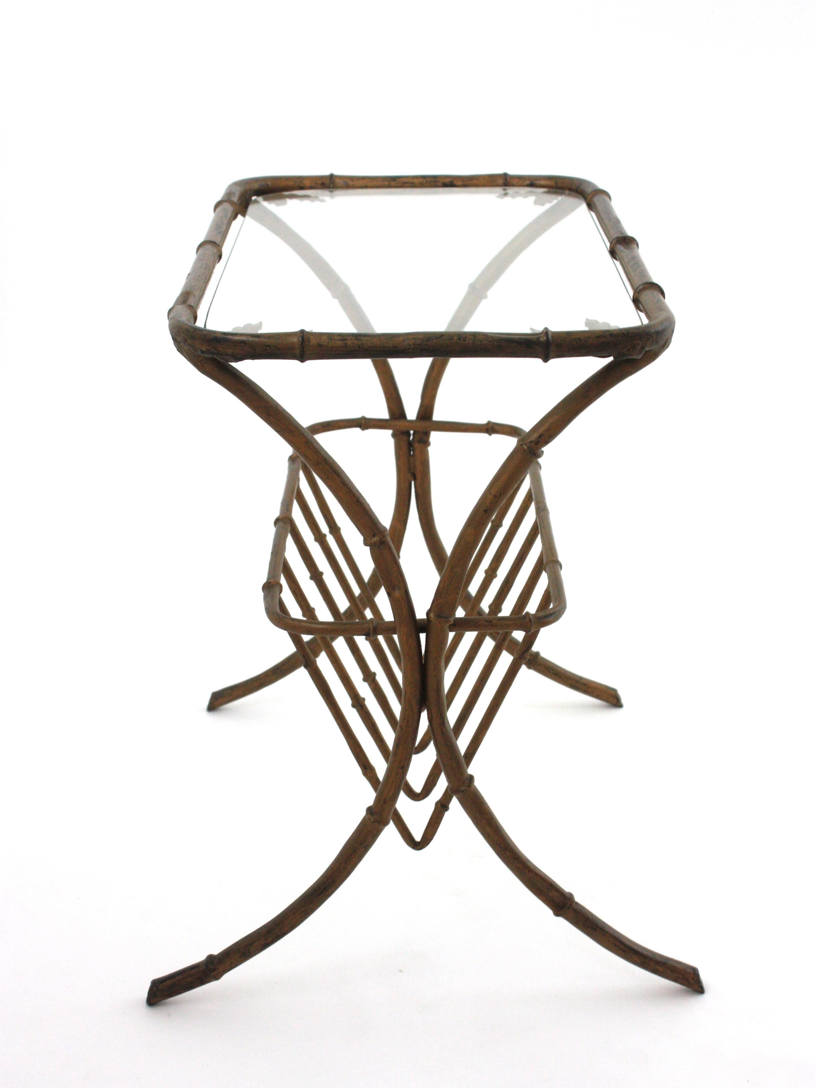 Maison Bagues Faux Bamboo Drinks Side Table with Magazine Rack in Gilt Iron For Sale 8