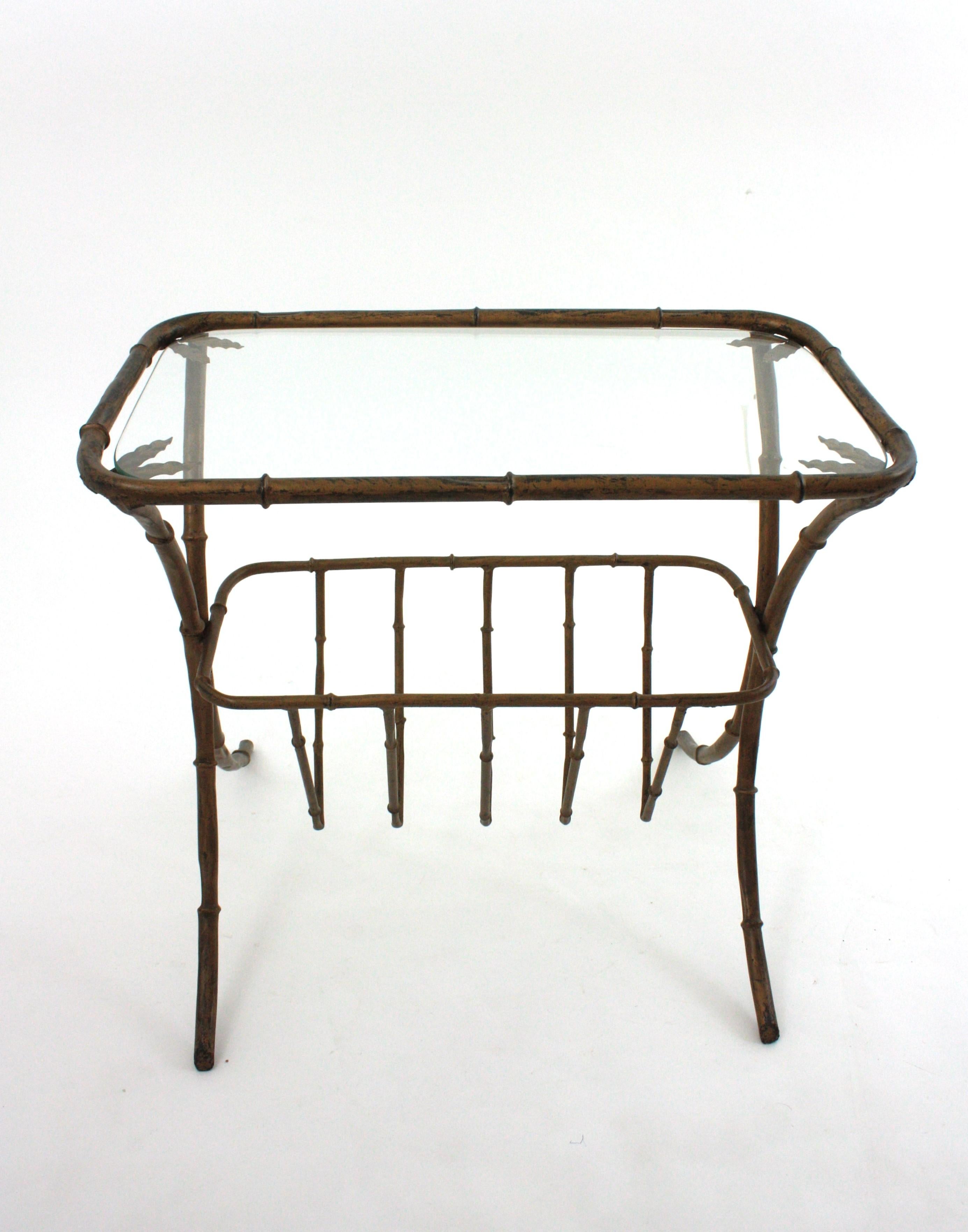 Maison Bagues Faux Bamboo Drinks Side Table with Magazine Rack in Gilt Iron For Sale 9