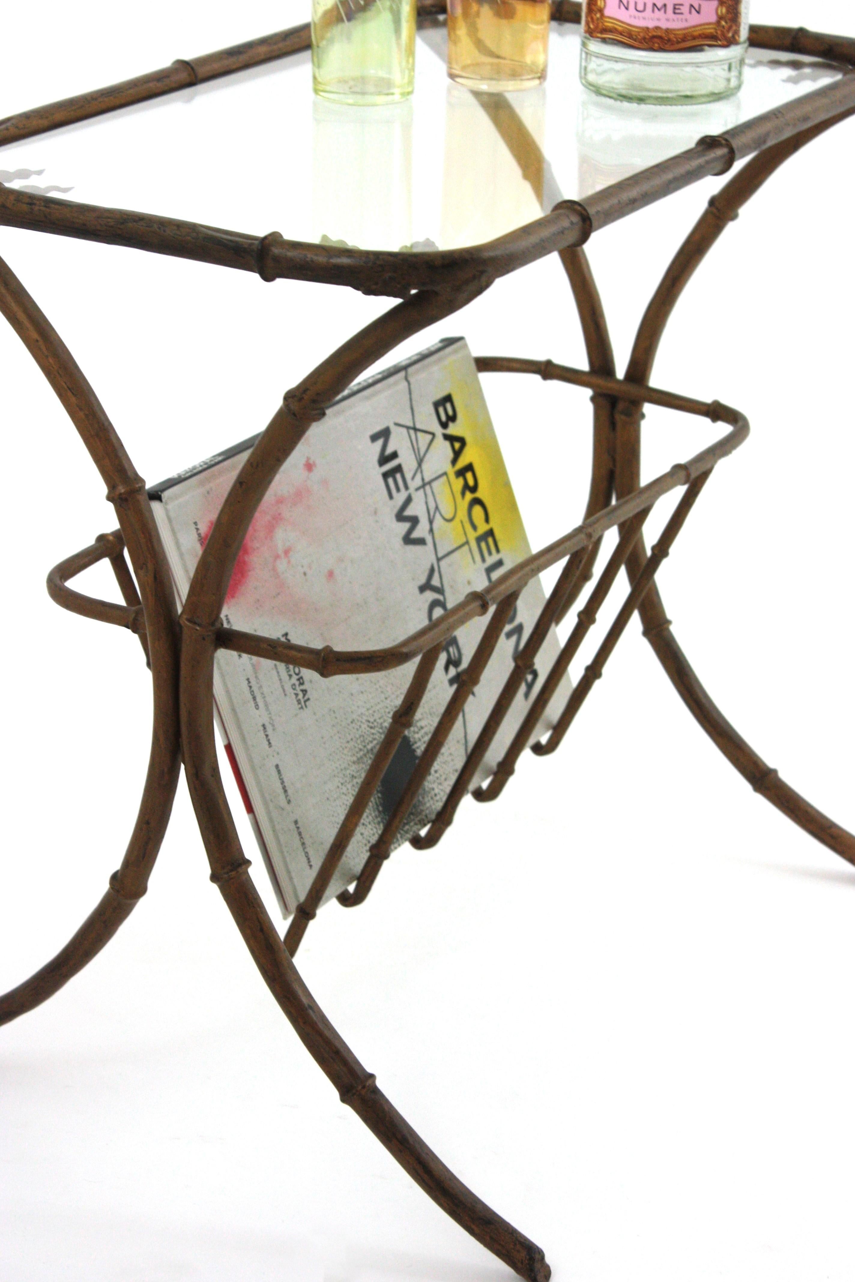 Maison Bagues Faux Bamboo Drinks Side Table with Magazine Rack in Gilt Iron For Sale 10