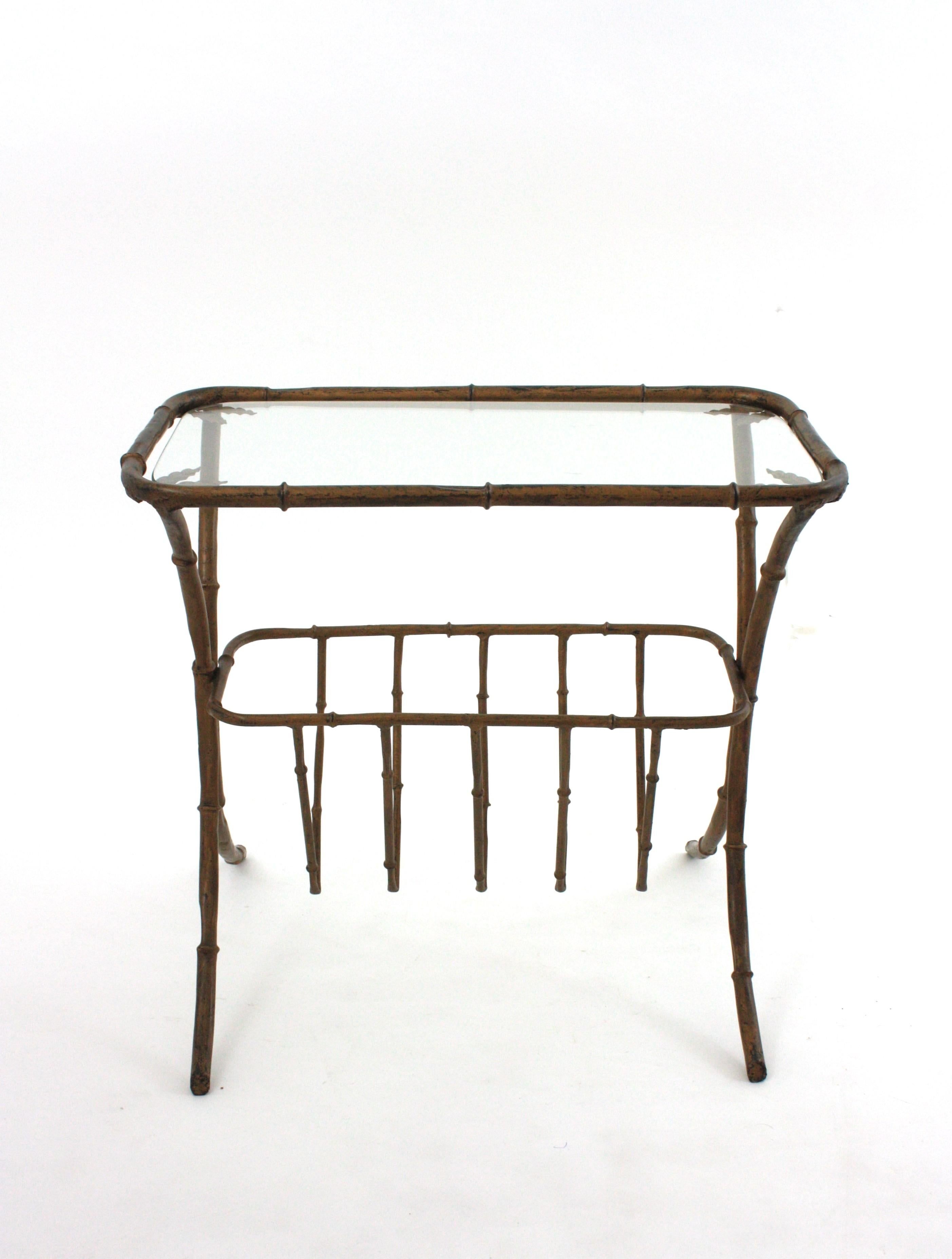 Maison Bagues Faux Bamboo Drinks Side Table with Magazine Rack in Gilt Iron For Sale 11