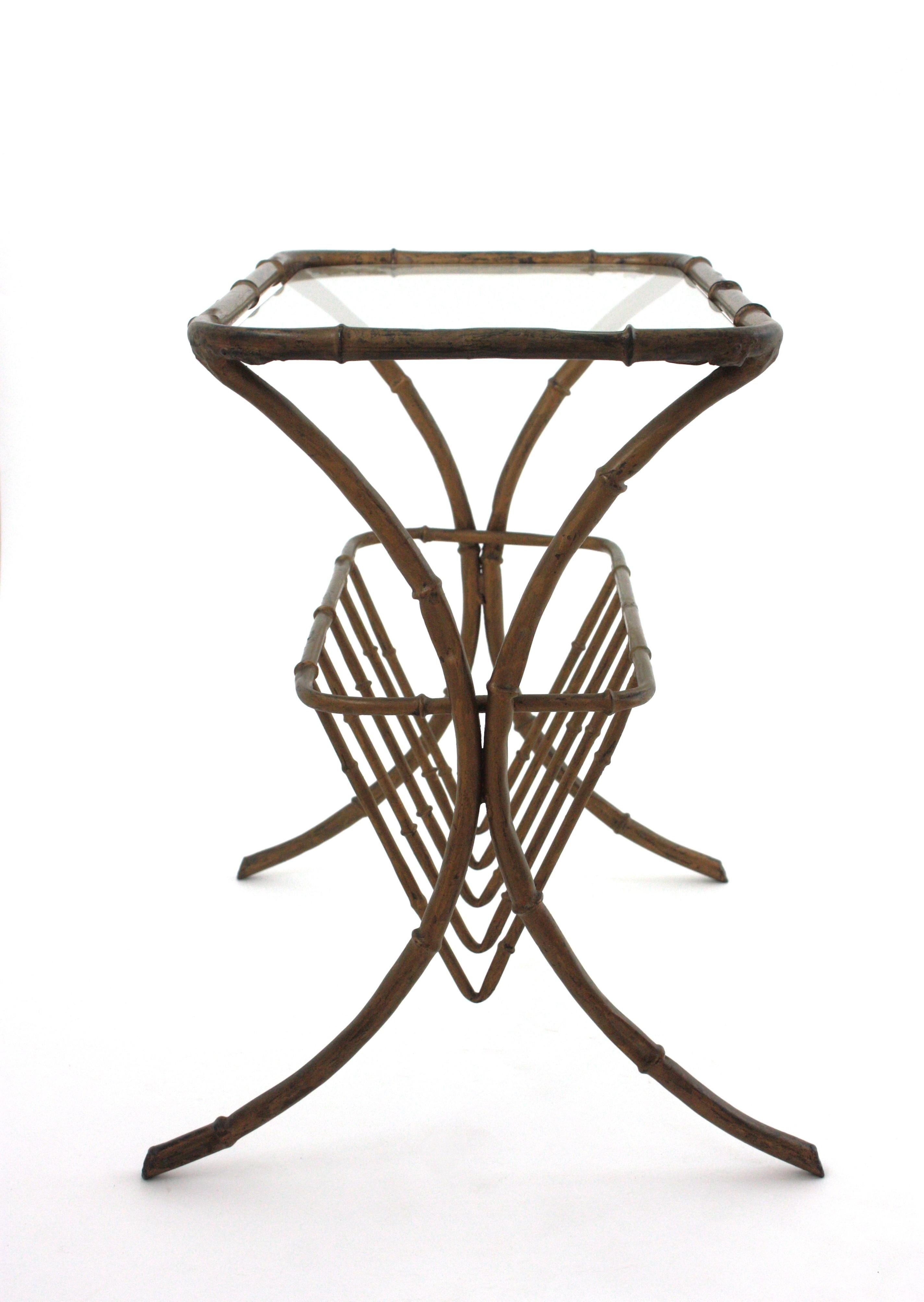 Maison Bagues Faux Bamboo Drinks Side Table with Magazine Rack in Gilt Iron For Sale 12