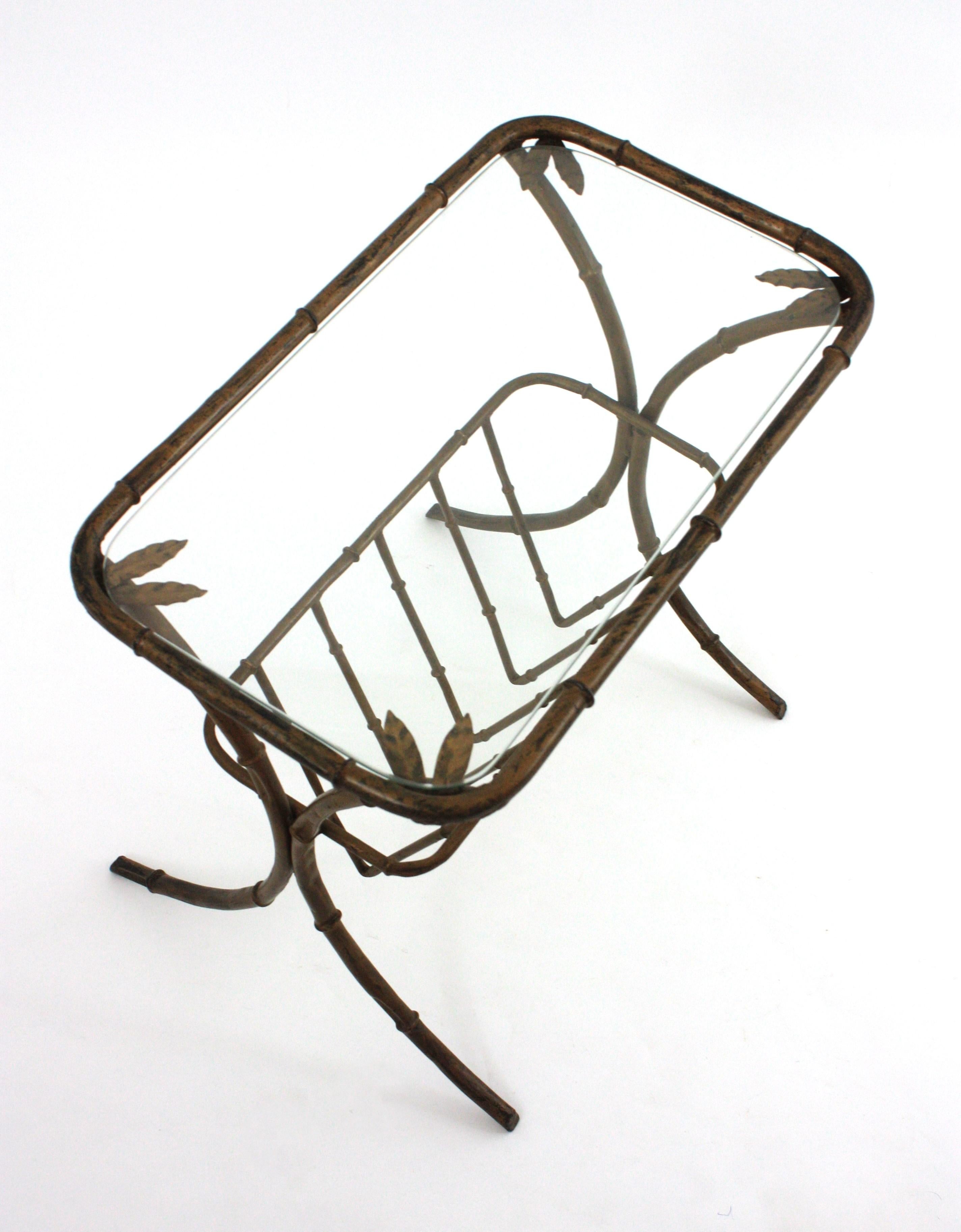 Maison Bagues Faux Bamboo Drinks Side Table with Magazine Rack in Gilt Iron For Sale 13