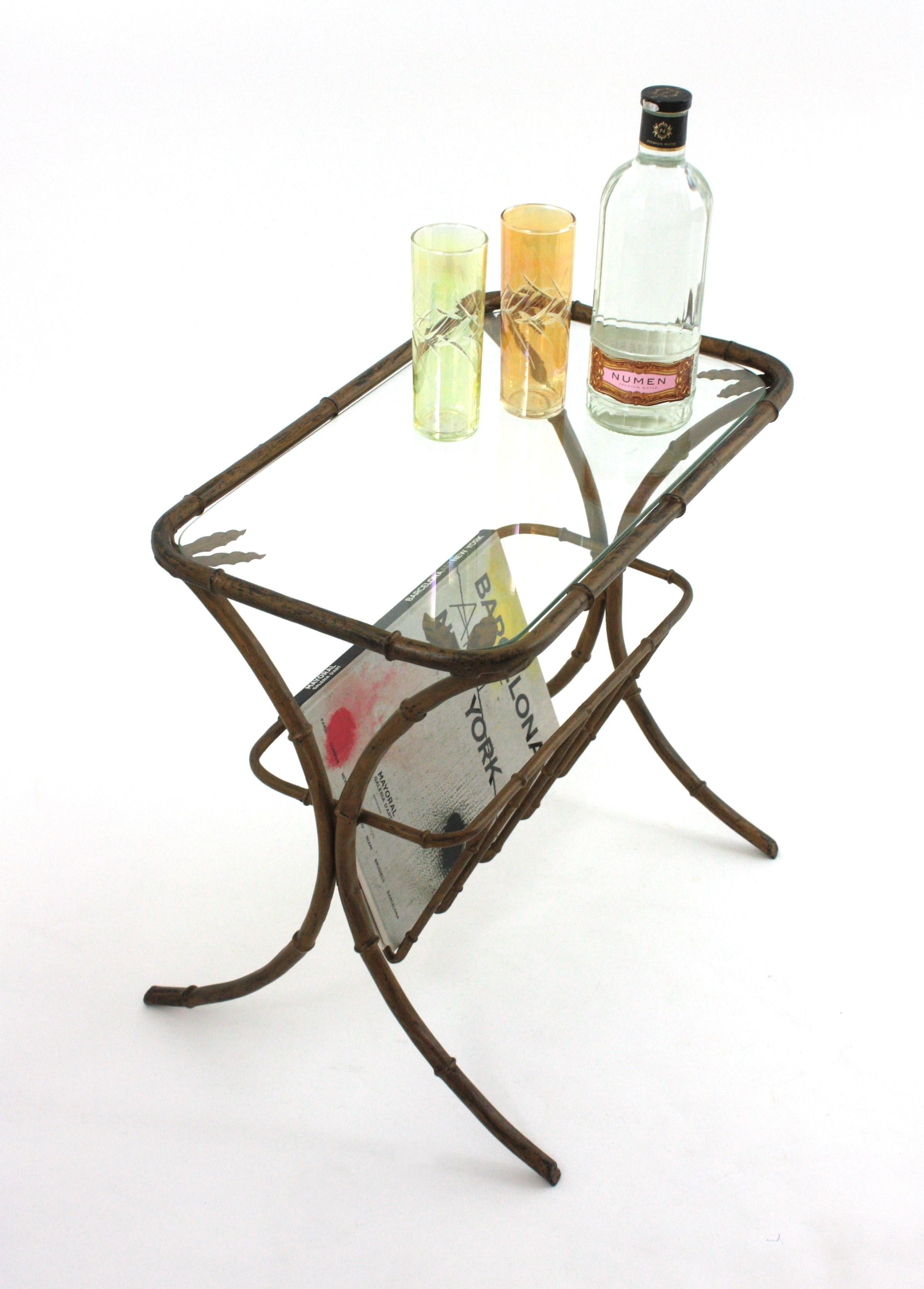 Mid-Century Modern Maison Bagues Faux Bamboo Drinks Side Table with Magazine Rack in Gilt Iron For Sale
