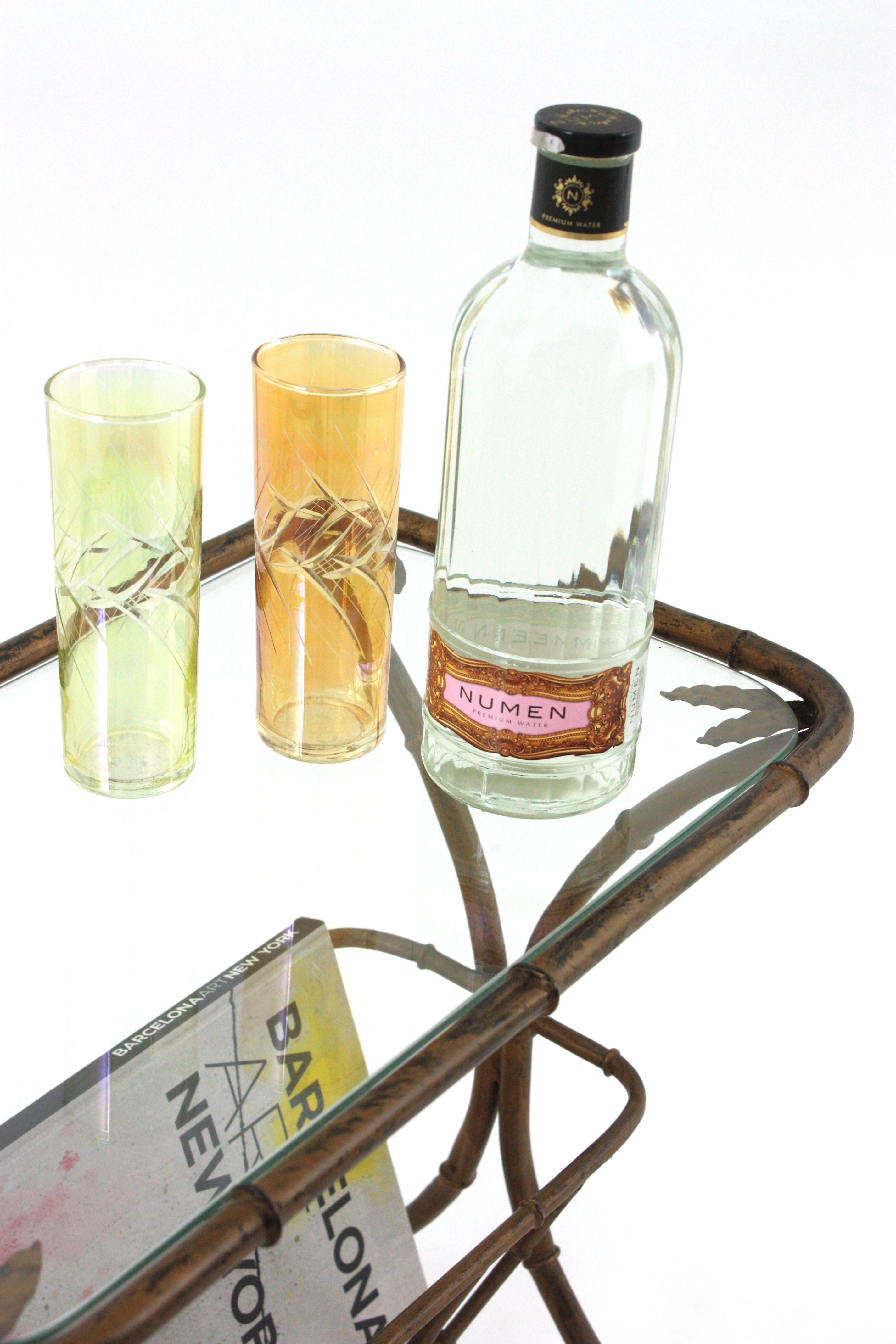 French Maison Bagues Faux Bamboo Drinks Side Table with Magazine Rack in Gilt Iron For Sale