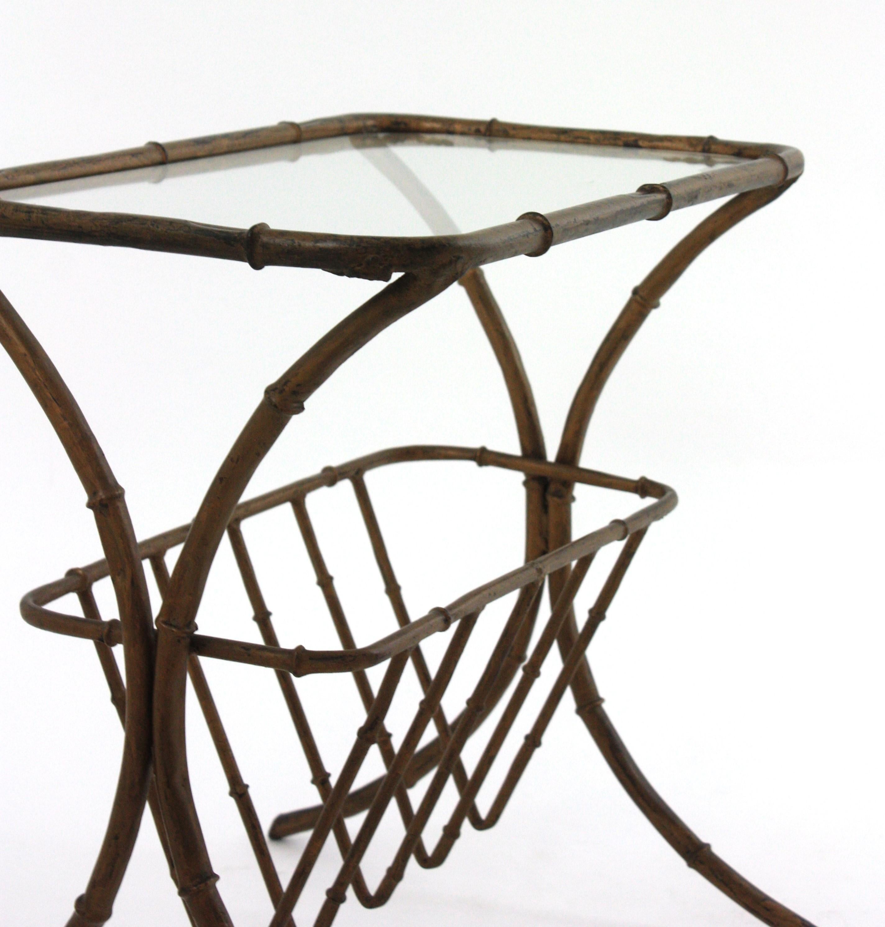20th Century Maison Bagues Faux Bamboo Drinks Side Table with Magazine Rack in Gilt Iron For Sale