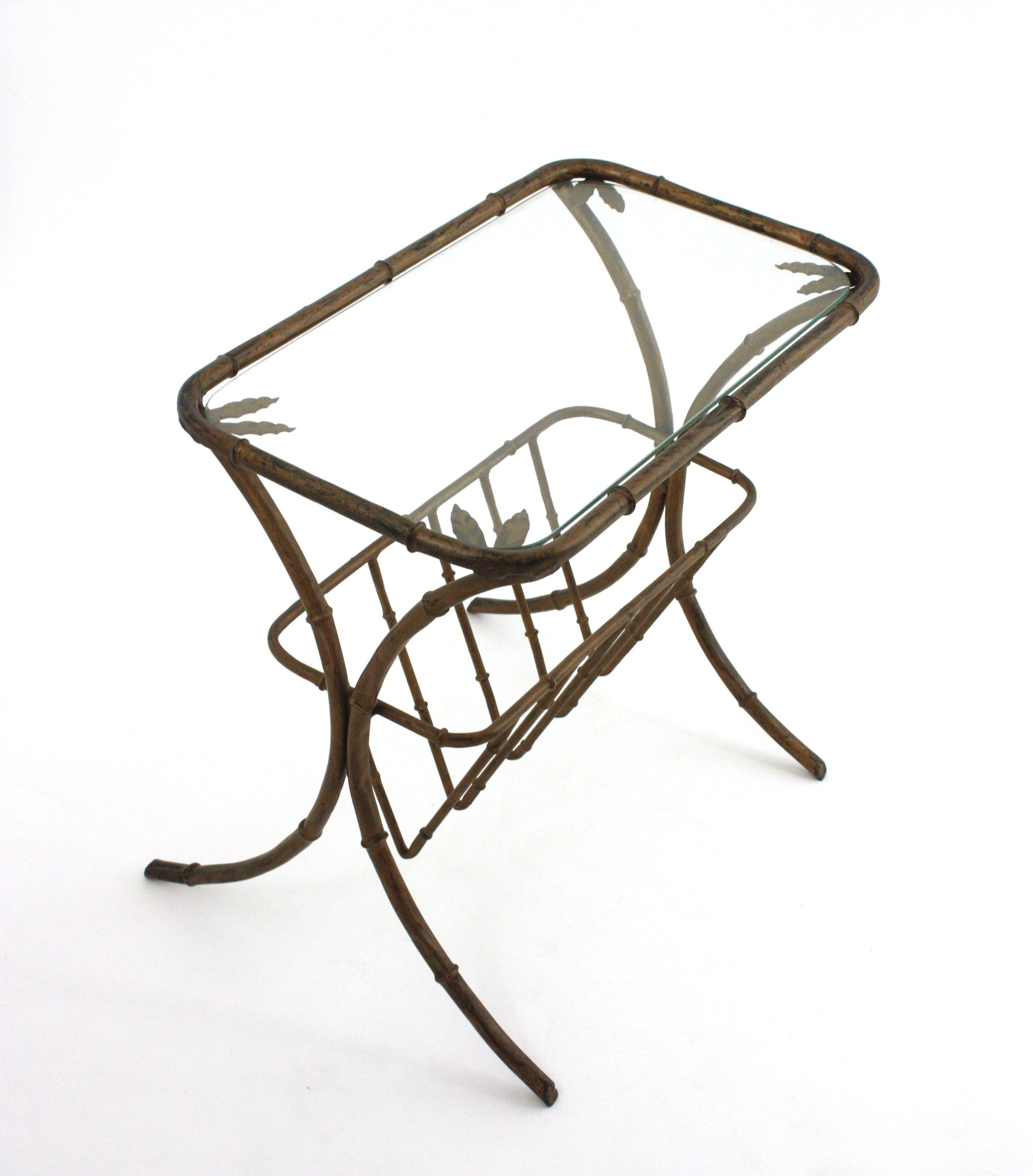 Metal Maison Bagues Faux Bamboo Drinks Side Table with Magazine Rack in Gilt Iron For Sale