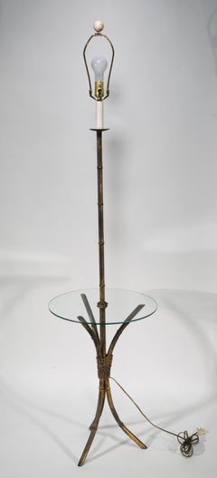 Maison Baguès Faux Bamboo Floor Lamp Glass Side Table, 1950s