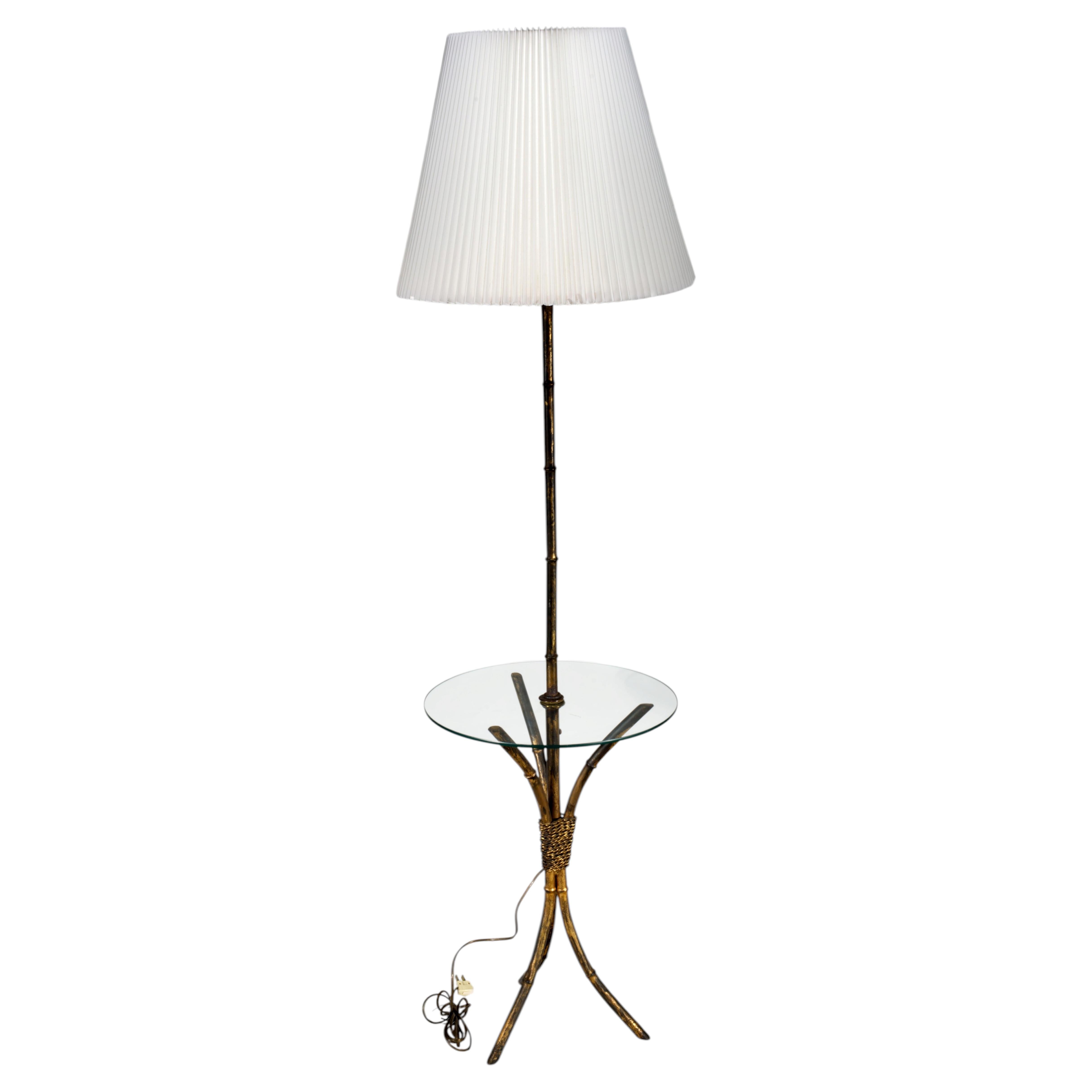Maison Baguès Faux Bamboo Floor Lamp Glass Side Table, 1950s