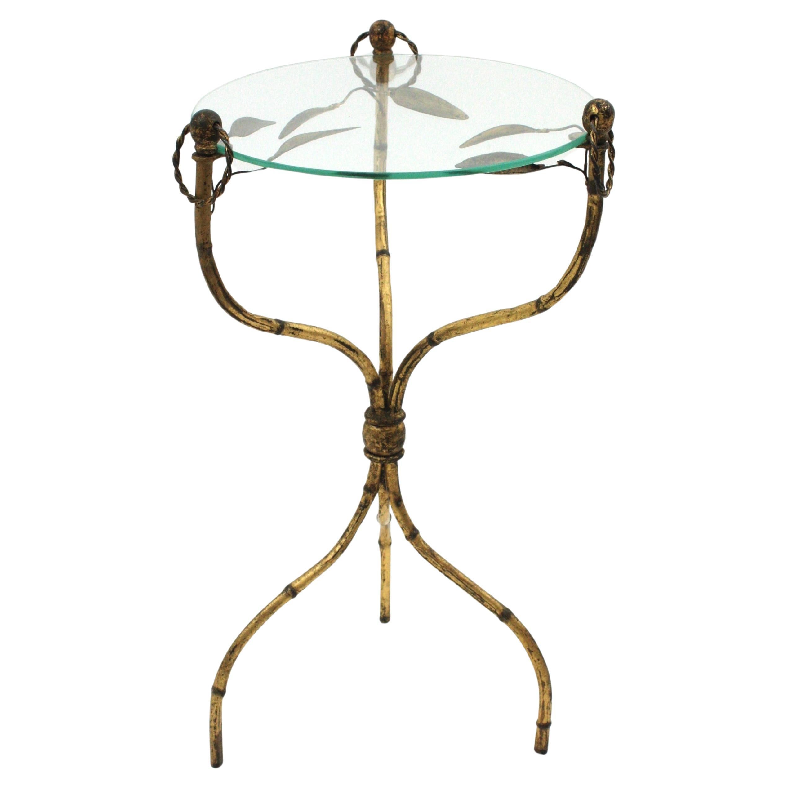 French Maison Bagues Faux Bamboo Gilt Iron Gueridon Side Table or Drinks Table For Sale