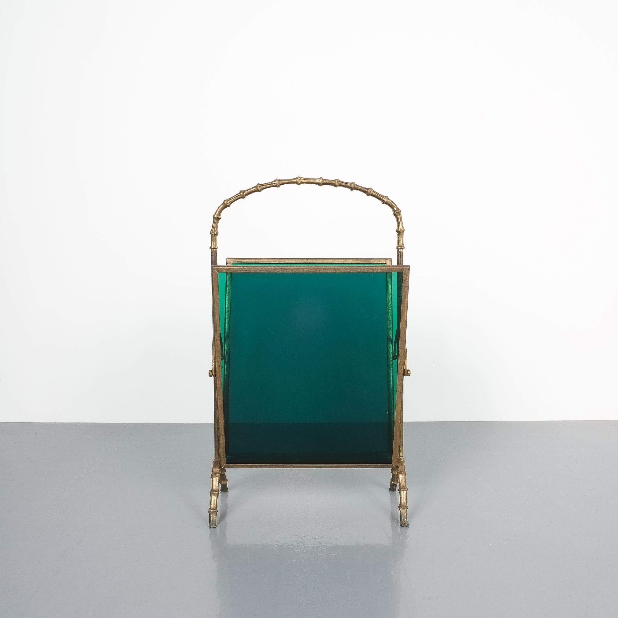 Mid-Century Modern Maison Baguès Attr. Faux Bamboo Green Lucite Magazine Rack For Sale