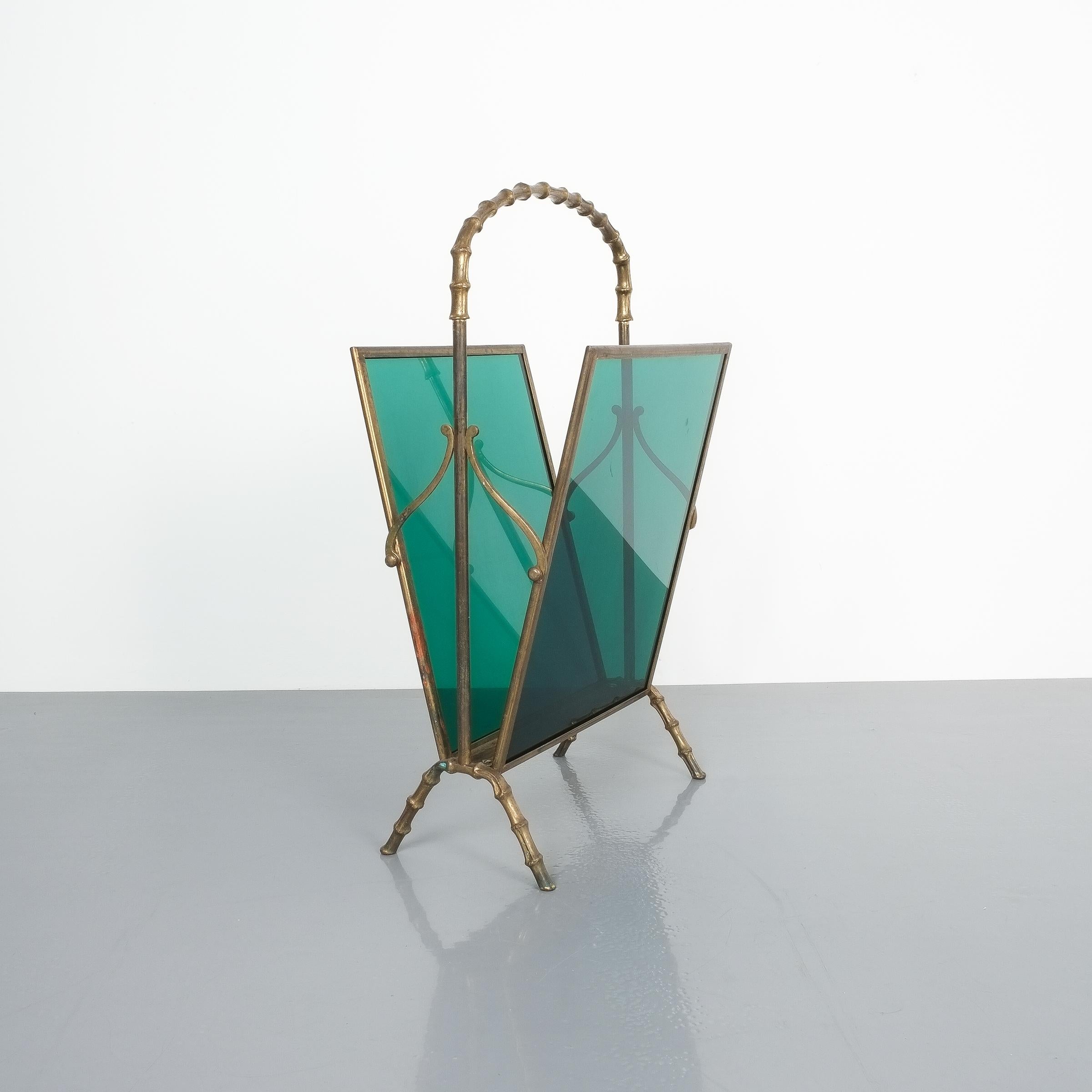 French Maison Baguès Attr. Faux Bamboo Green Lucite Magazine Rack For Sale