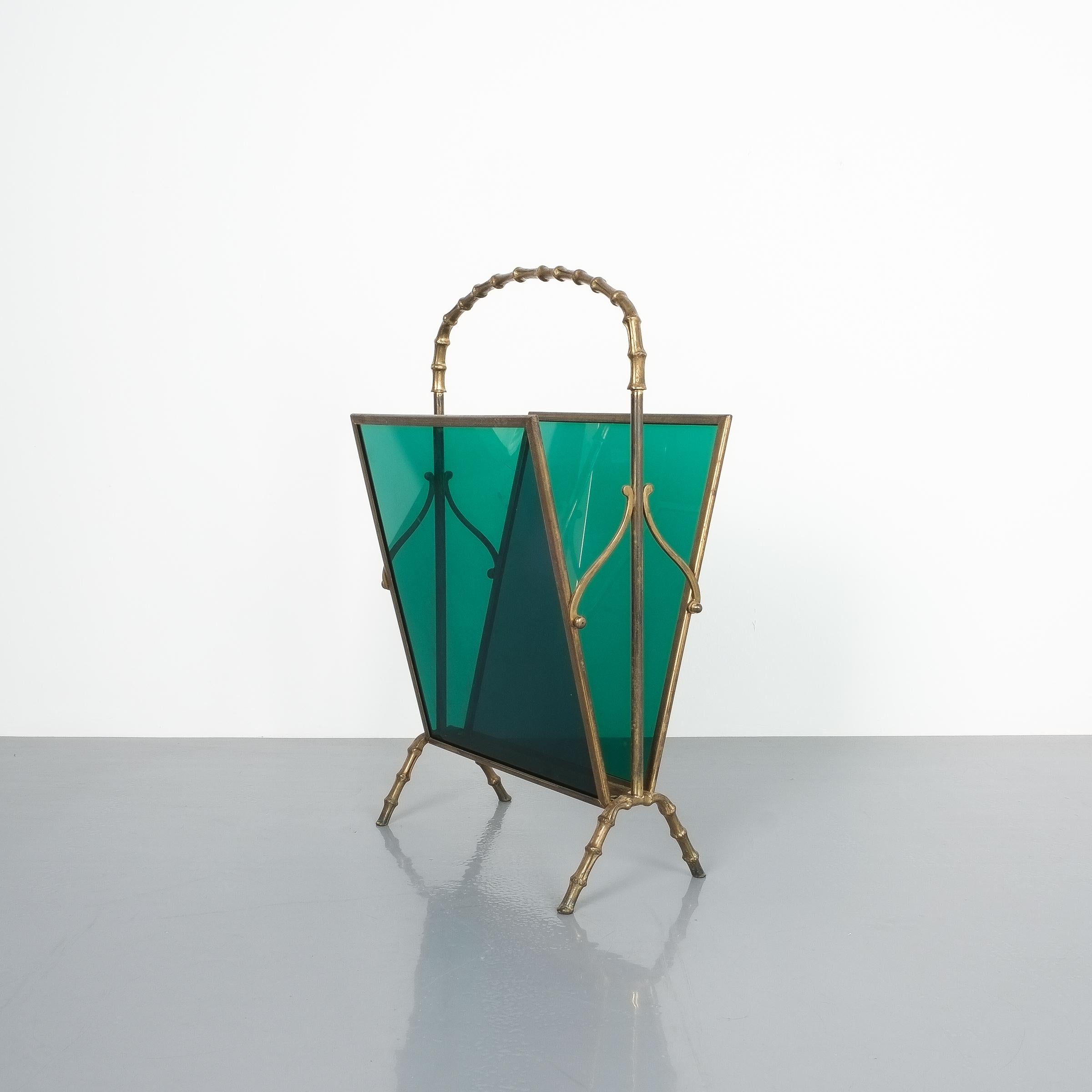 Mid-20th Century Maison Baguès Attr. Faux Bamboo Green Lucite Magazine Rack For Sale