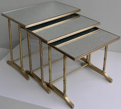 Maison Bagues Faux Bamboo Nesting Tables, Brass and Mirror Glass, France, 1960's