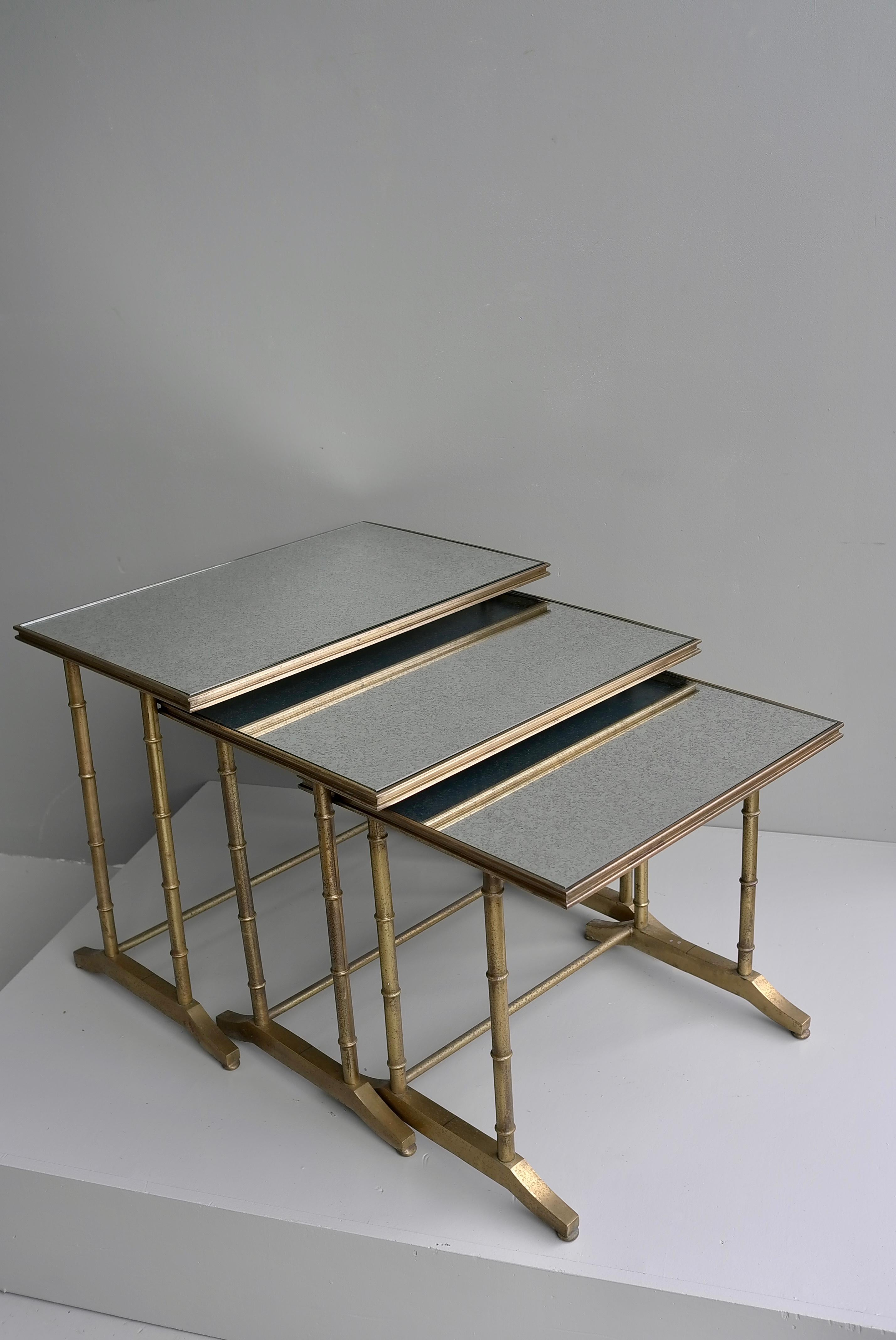 Mid-Century Modern Maison Bagues Faux Bamboo Nesting Tables, Brass and Mirror Glass, France, 1960's For Sale