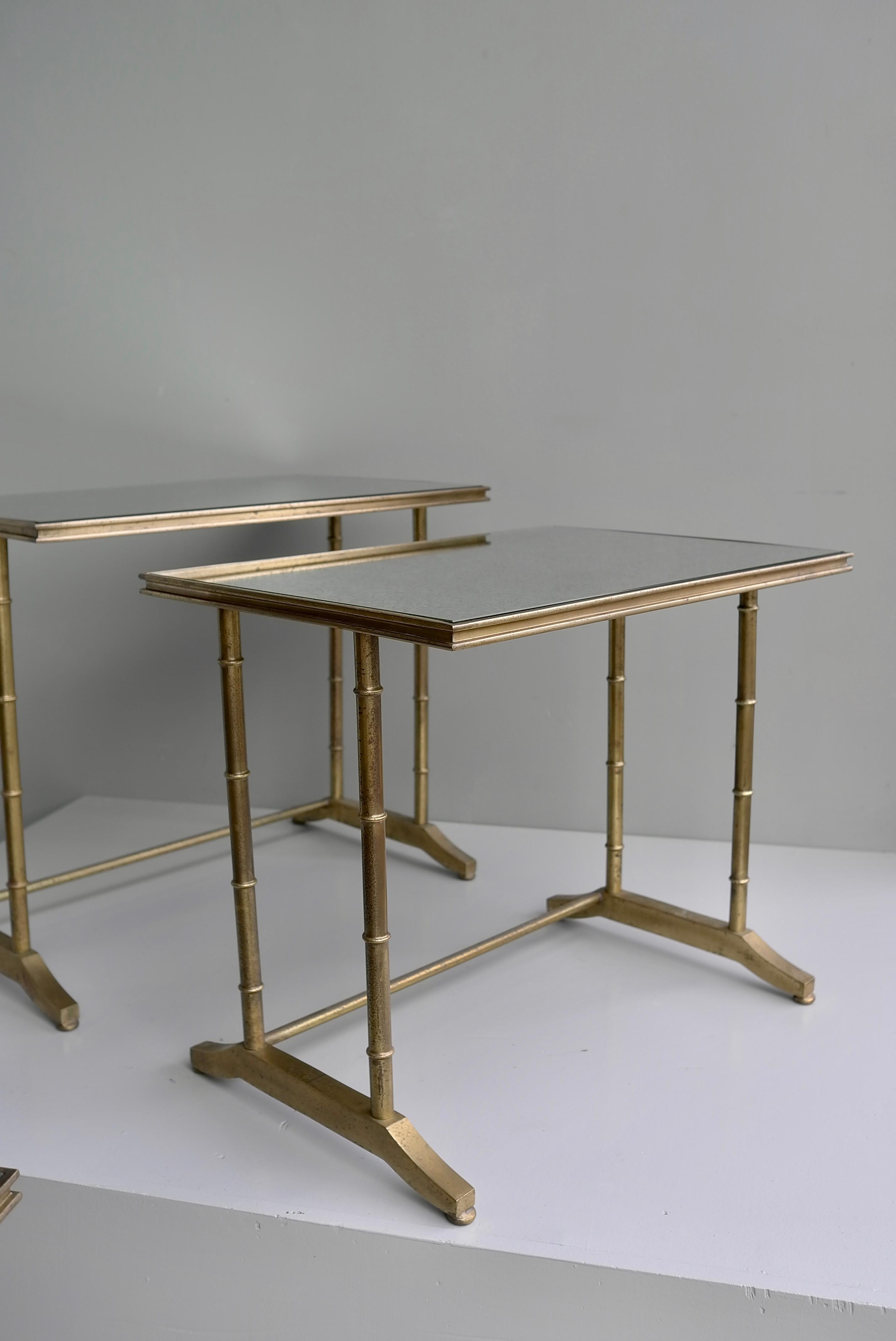 Mid-20th Century Maison Bagues Faux Bamboo Nesting Tables, Brass and Mirror Glass, France, 1960's For Sale