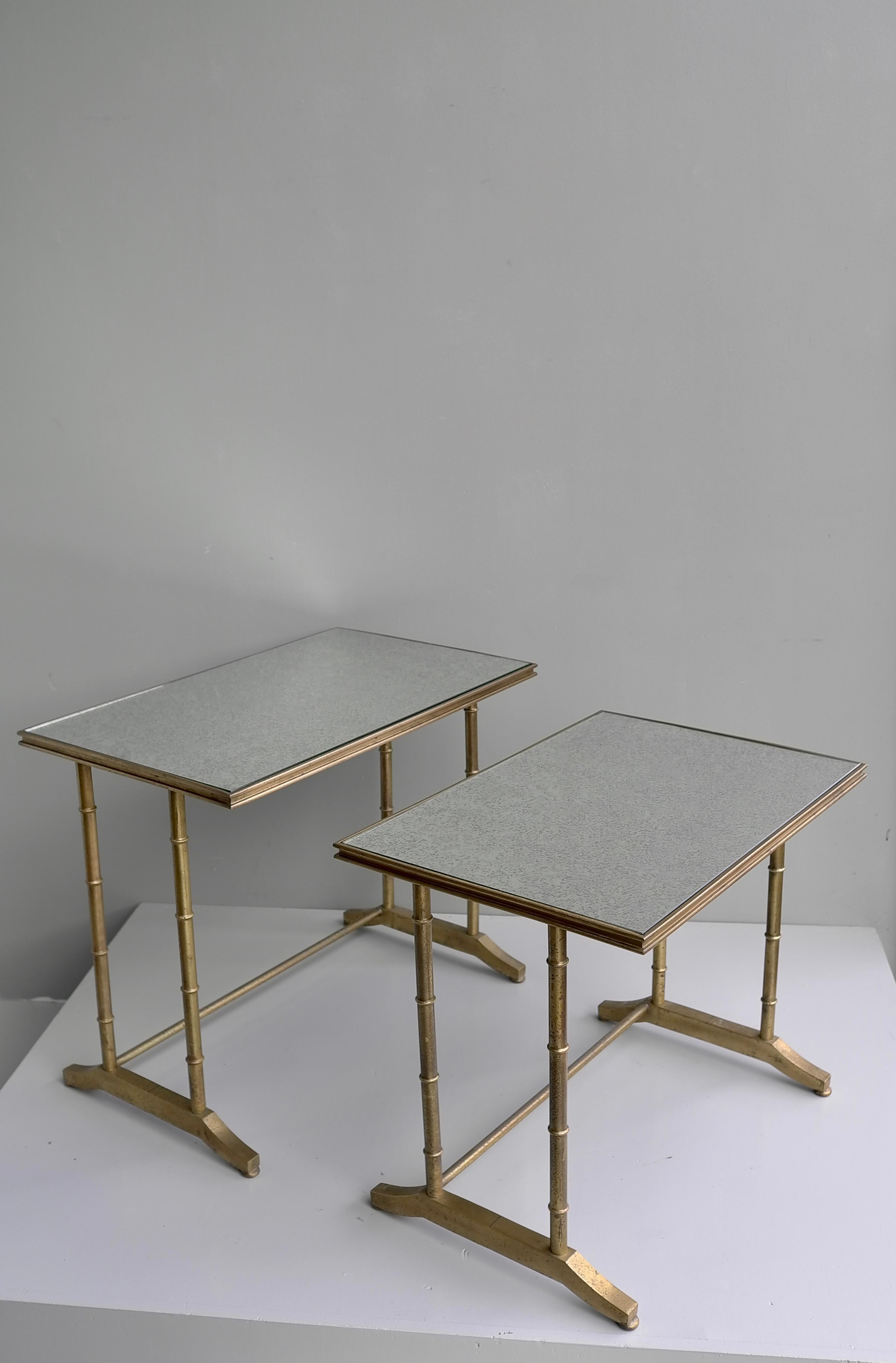 Maison Bagues Faux Bamboo Nesting Tables, Brass and Mirror Glass, France, 1960's For Sale 1