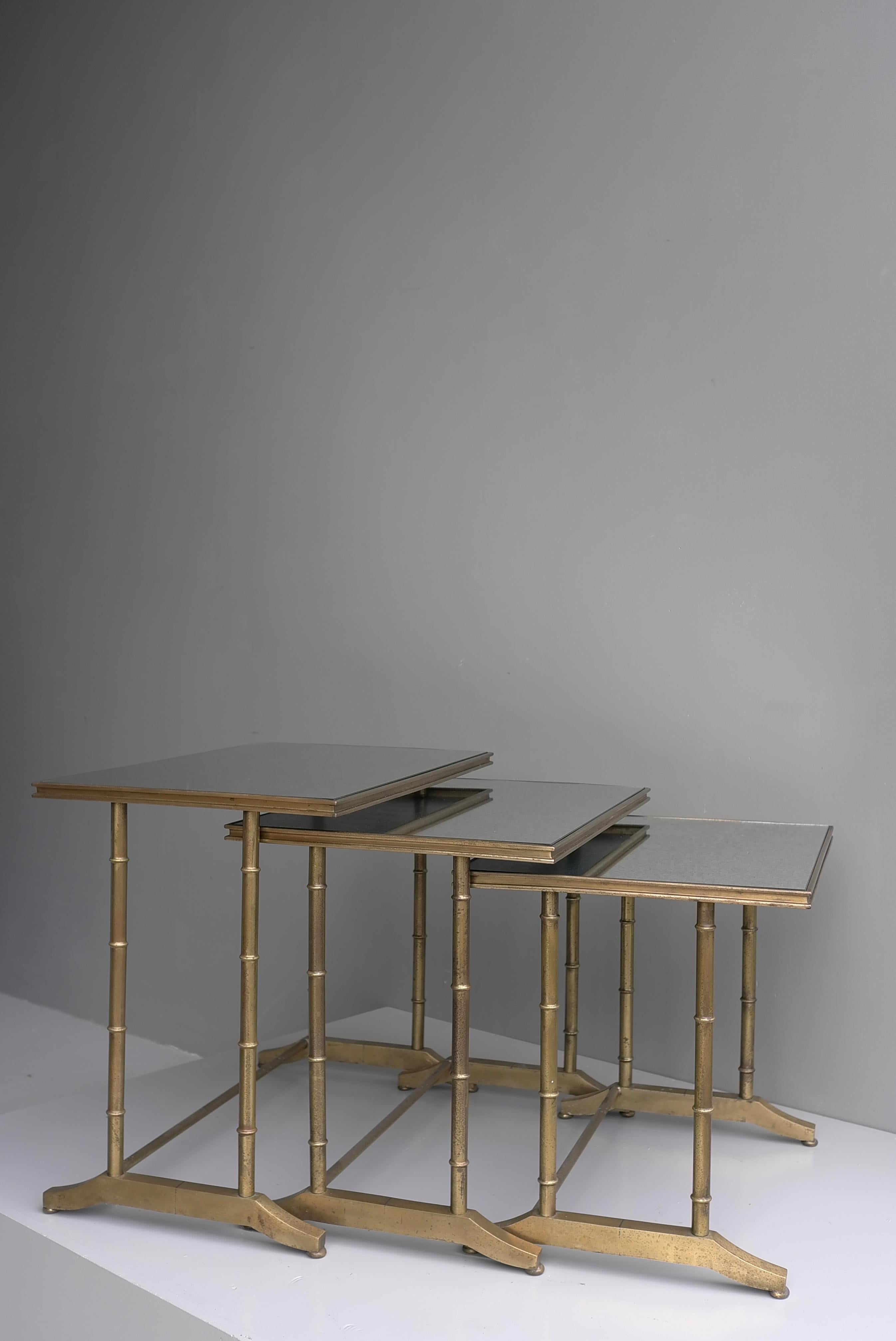 Maison Bagues Faux Bamboo Nesting Tables, Brass and Mirror Glass, France, 1960's For Sale 2