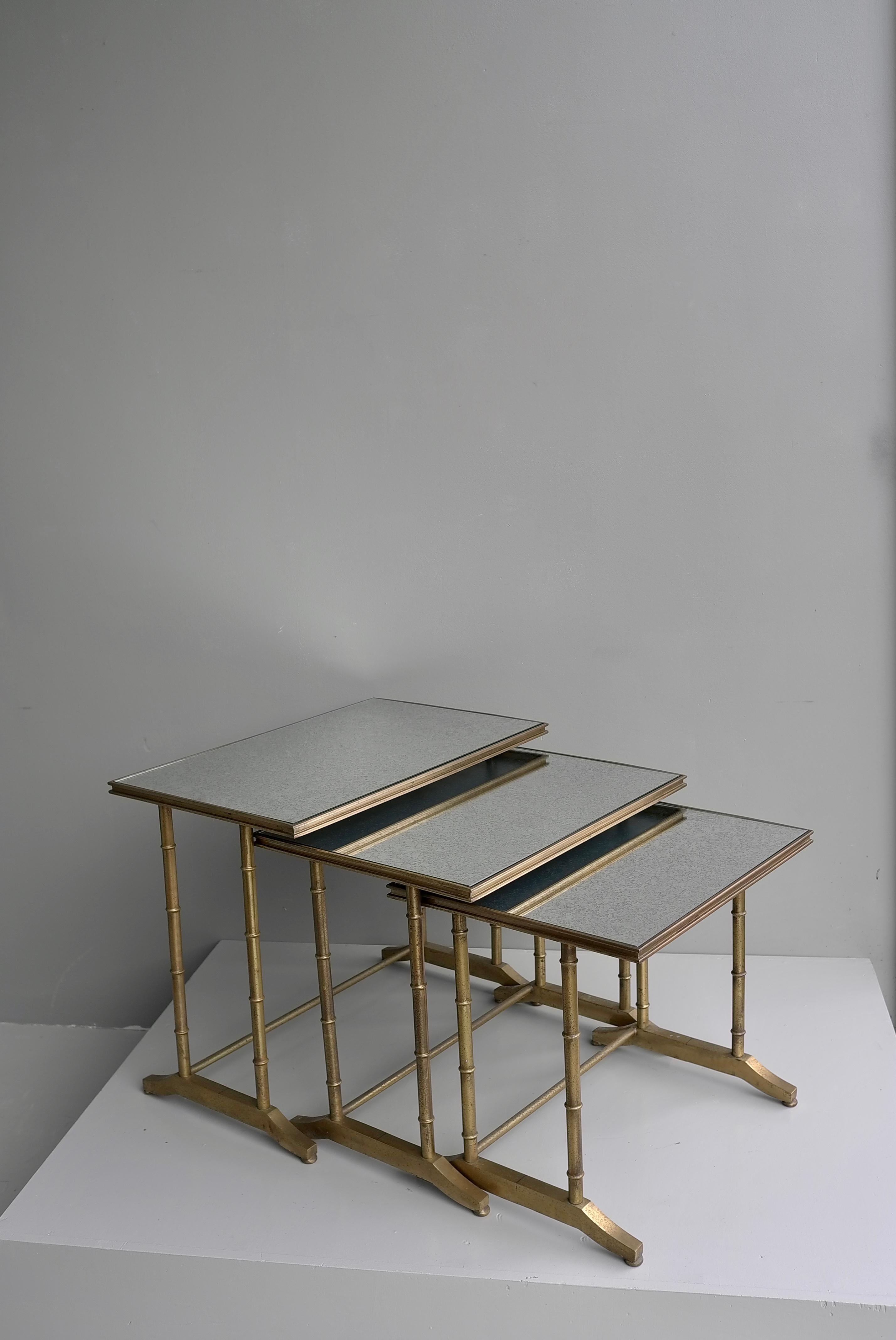 Maison Bagues Faux Bamboo Nesting Tables, Brass and Mirror Glass, France, 1960's For Sale 3