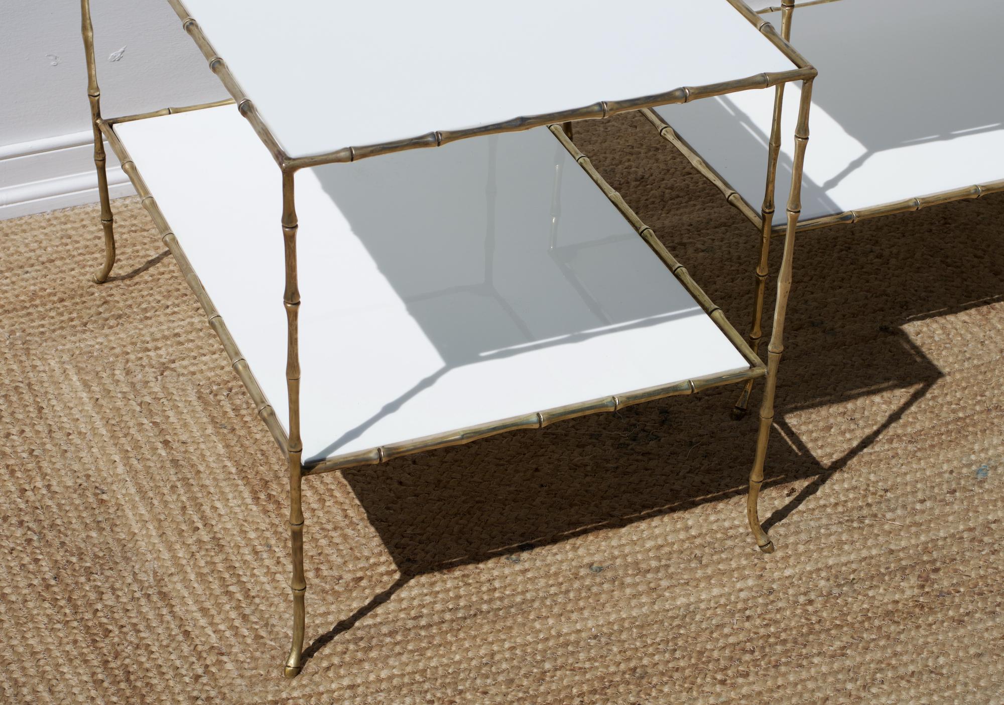 20th Century Maison Bagues Faux Bamboo Tables Having White Glass Tops