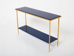 Maison Baguès Foliage Bronze Blue Lacquered Console Table 1960s