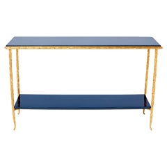 Vintage Maison Baguès Foliage Bronze Blue Lacquered Console Table 1960s