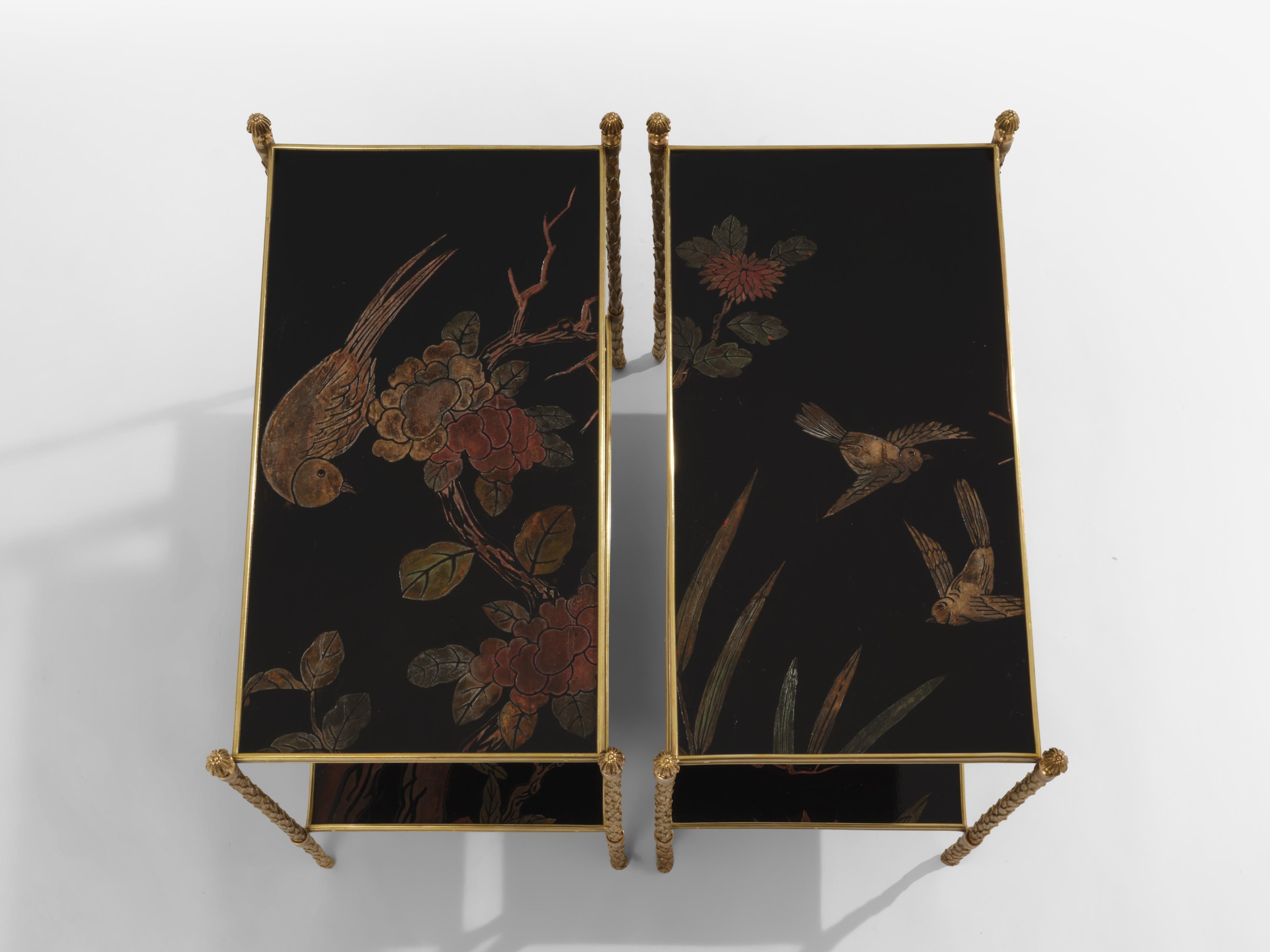 Maison Baguès Laub vergoldete Bronze Chinoiserie lackiert Endtische 1940s (Französisch) im Angebot