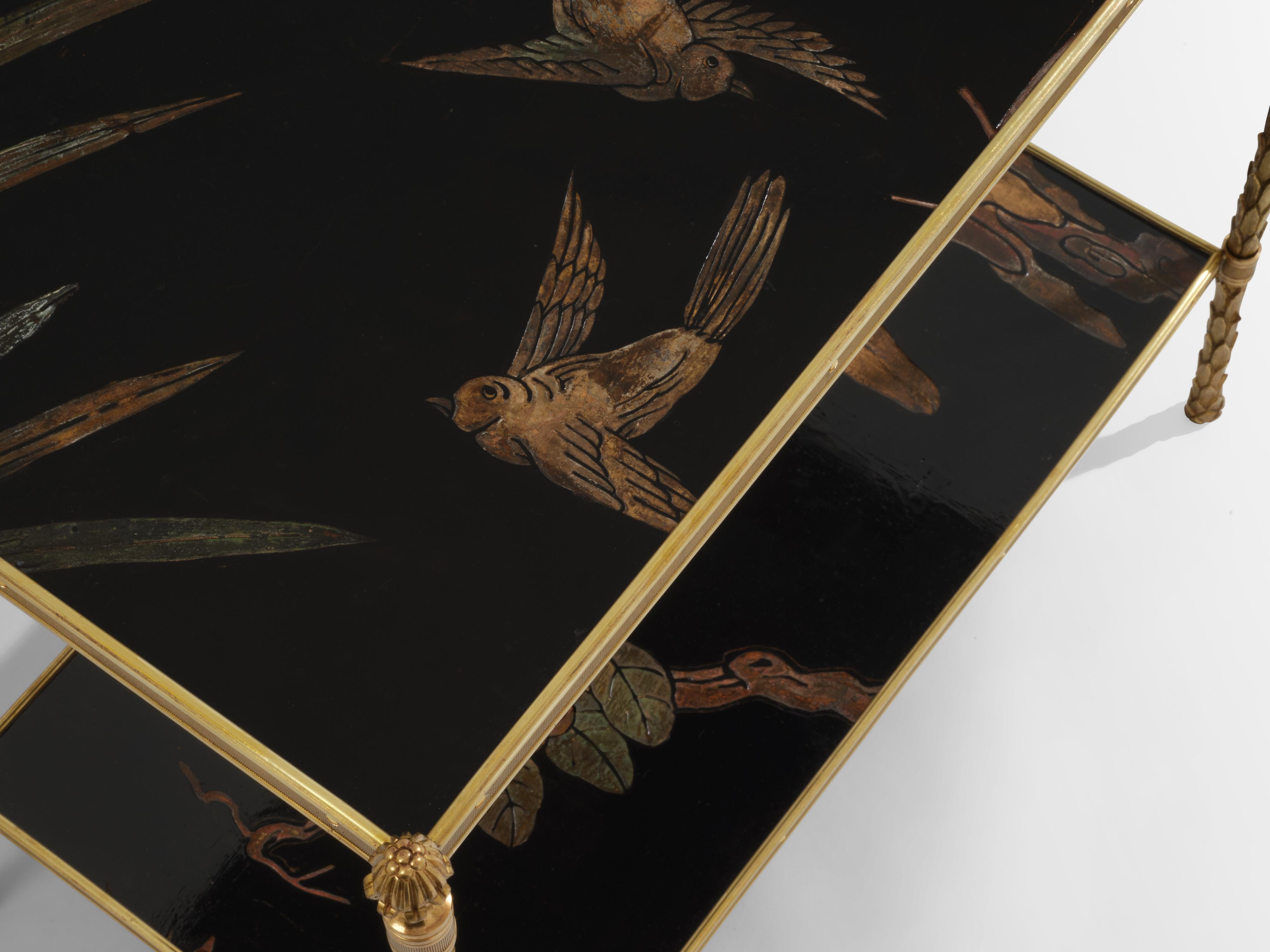 Maison Baguès Laub vergoldete Bronze Chinoiserie lackiert Endtische 1940s im Zustand „Gut“ im Angebot in Paris, IDF