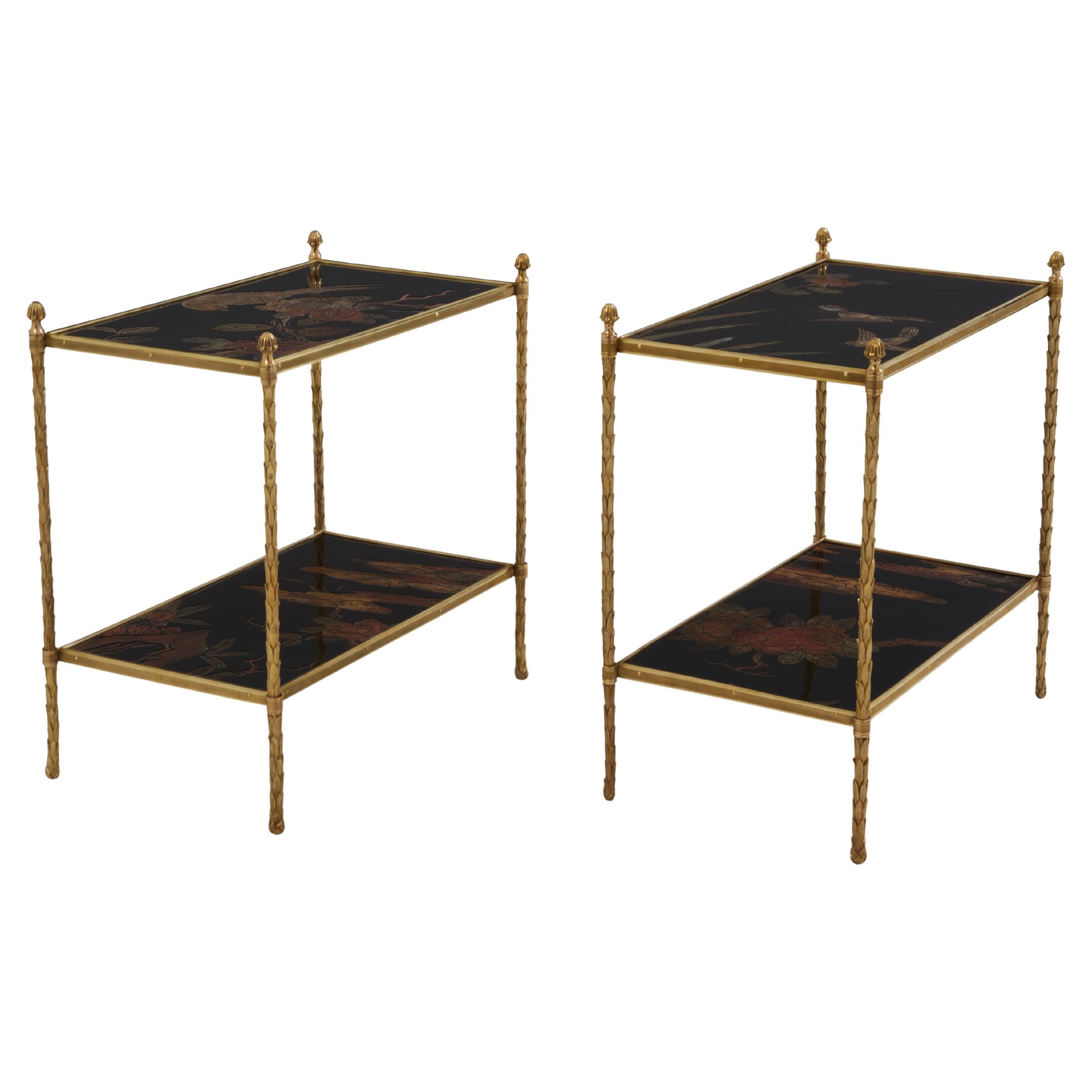 Maison Baguès Laub vergoldete Bronze Chinoiserie lackiert Endtische 1940s im Angebot
