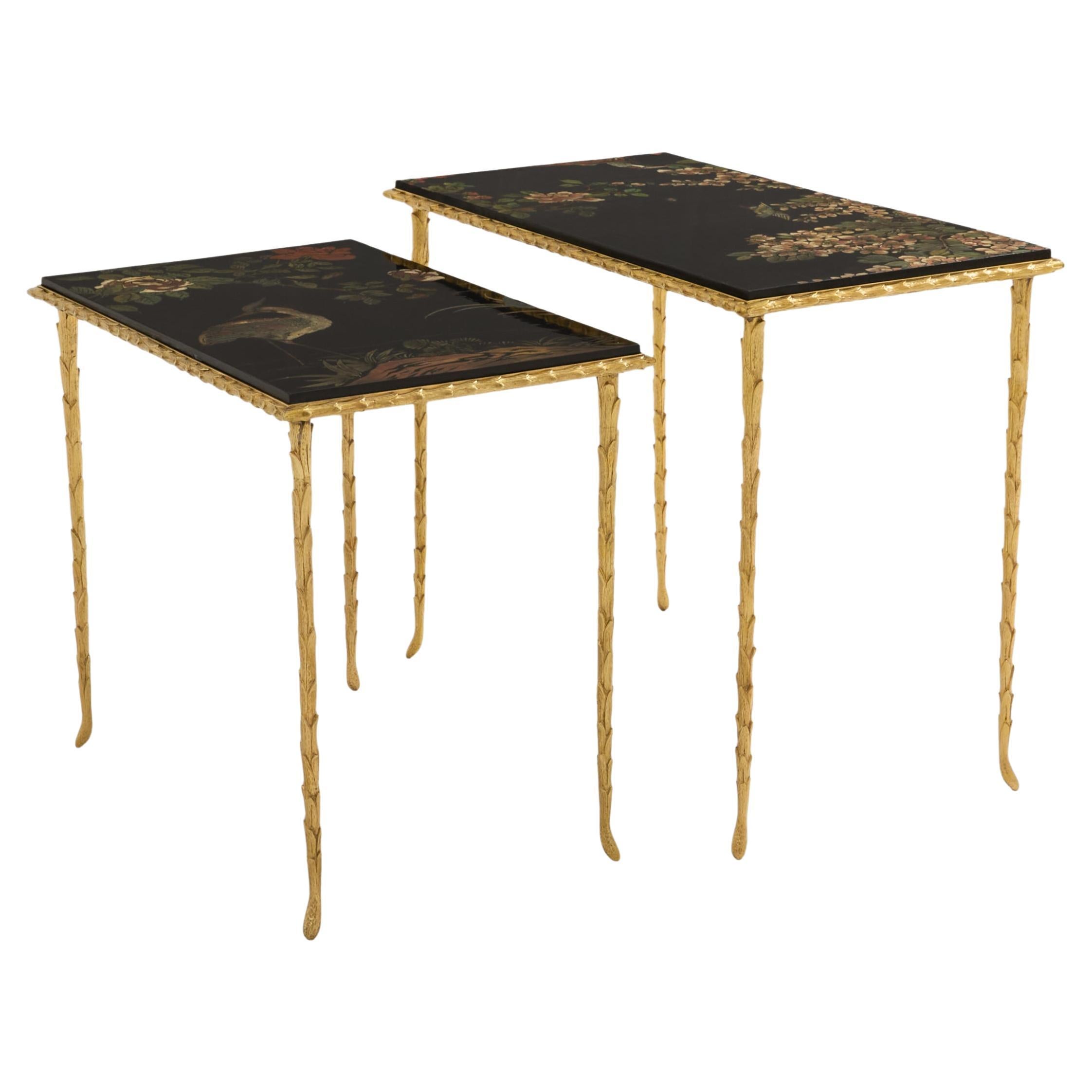 Maison Baguès foliage gilt bronze chinoiserie lacquered side tables 1950s im Angebot
