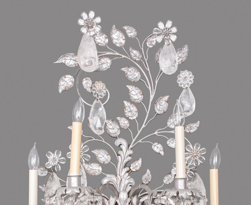 Maison Bagues Hollywood Regency manner pair of four light glass and rock crystal hung monumental silvered sconces, each with four lights. Measures: 41