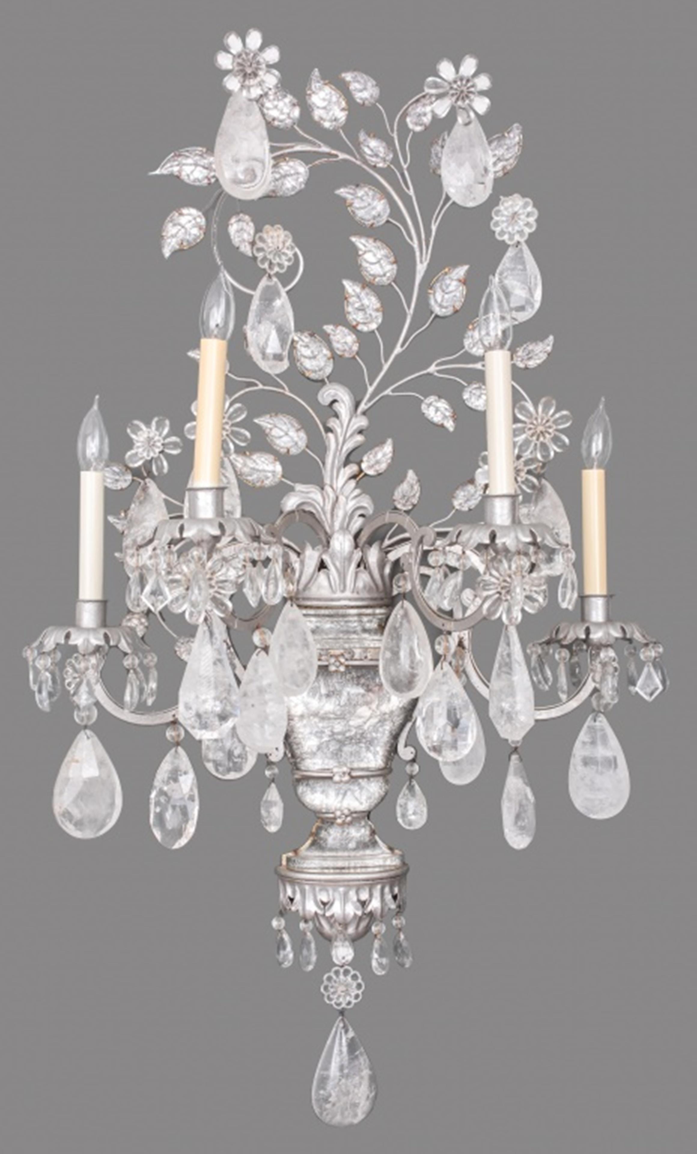 Hollywood Regency Maison Bagues Four Light Silvered Sconces, Pr For Sale