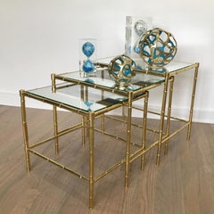 Maison Bagues France Trio of Brass Nesting Stacking Table, Faux Bamboo Design