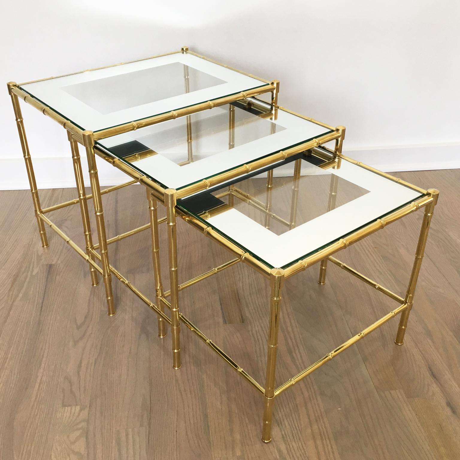 Hollywood Regency Maison Bagues France Trio of Brass Nesting Stacking Table, Faux Bamboo Design