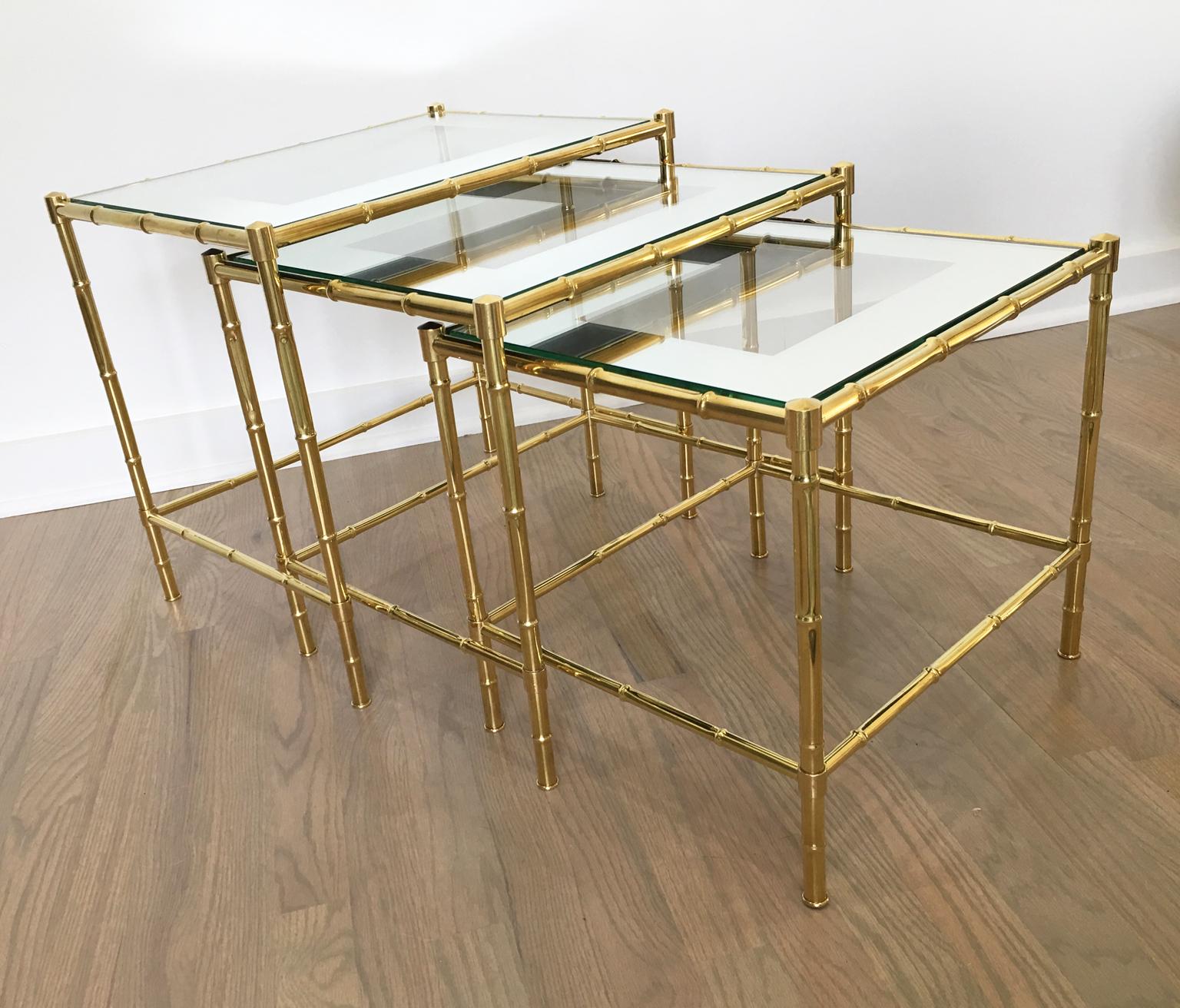 20th Century Maison Bagues France Trio of Brass Nesting Stacking Table, Faux Bamboo Design