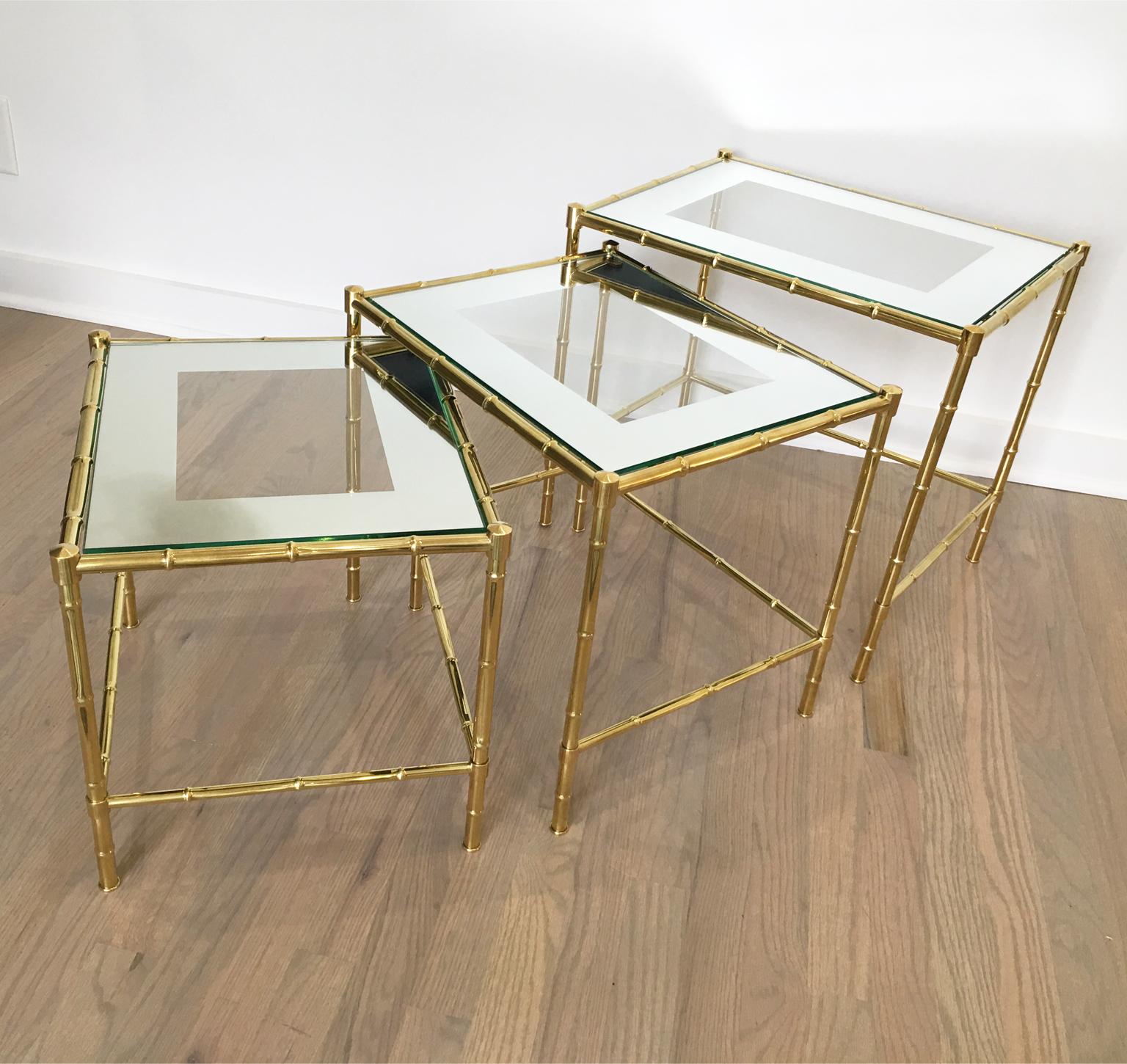 Maison Bagues France Trio of Brass Nesting Stacking Table, Faux Bamboo Design 1