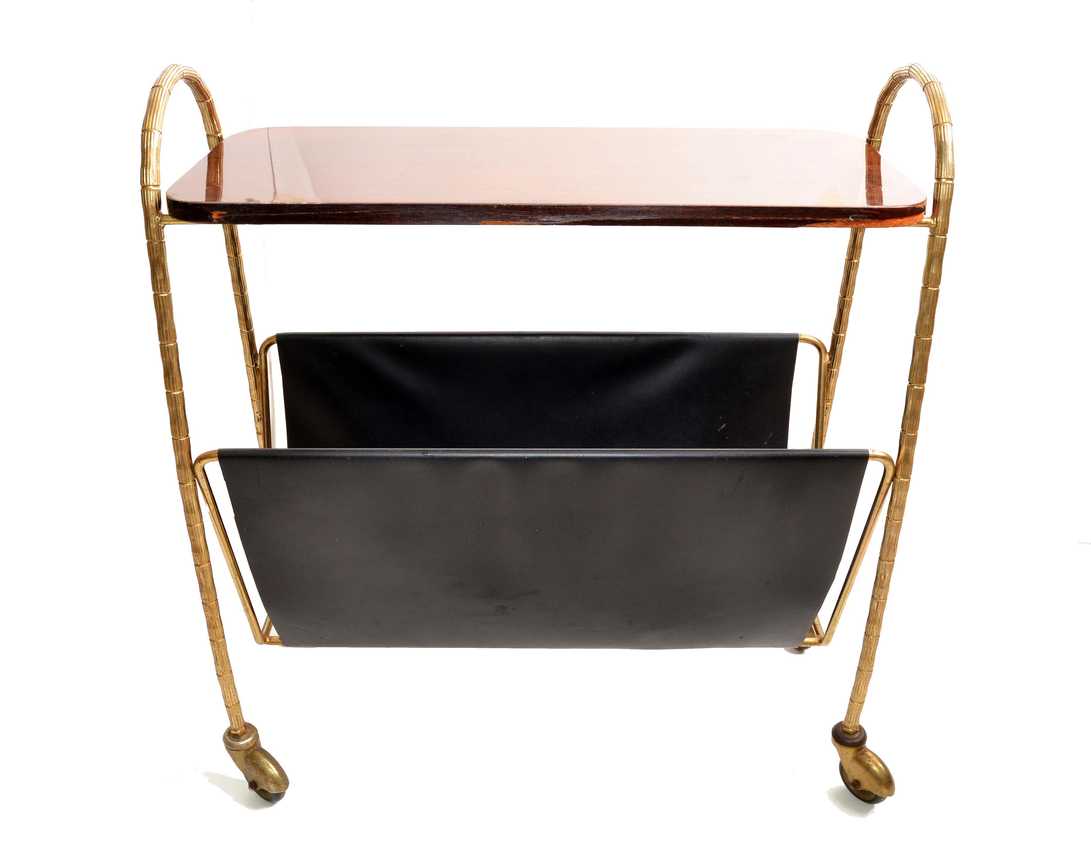 Mid-Century Modern Maison Baguès French Bronze, Leather & Laminated Wood Magazine Rack on Casters For Sale