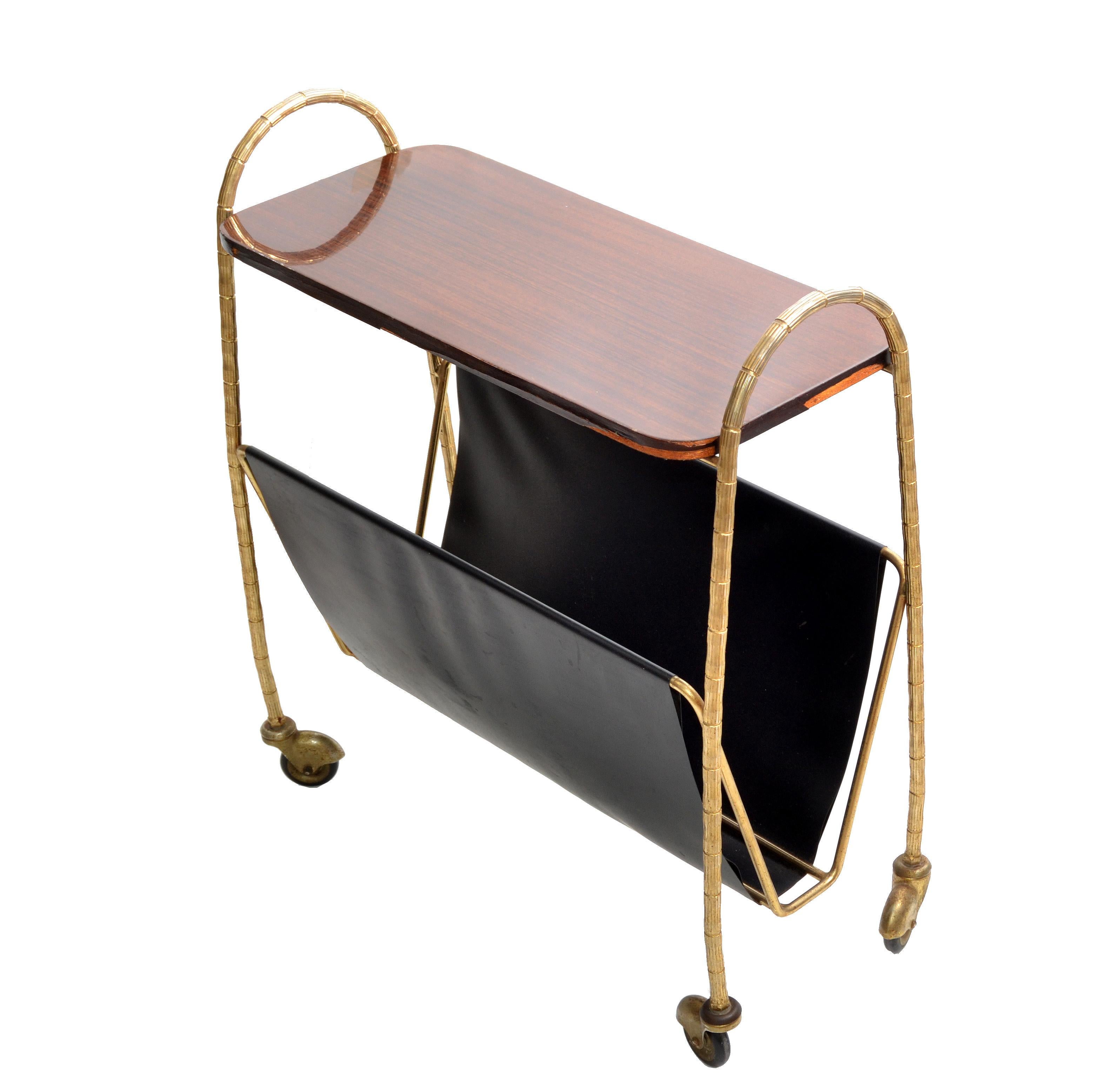 Hand-Crafted Maison Baguès French Bronze, Leather & Laminated Wood Magazine Rack on Casters For Sale